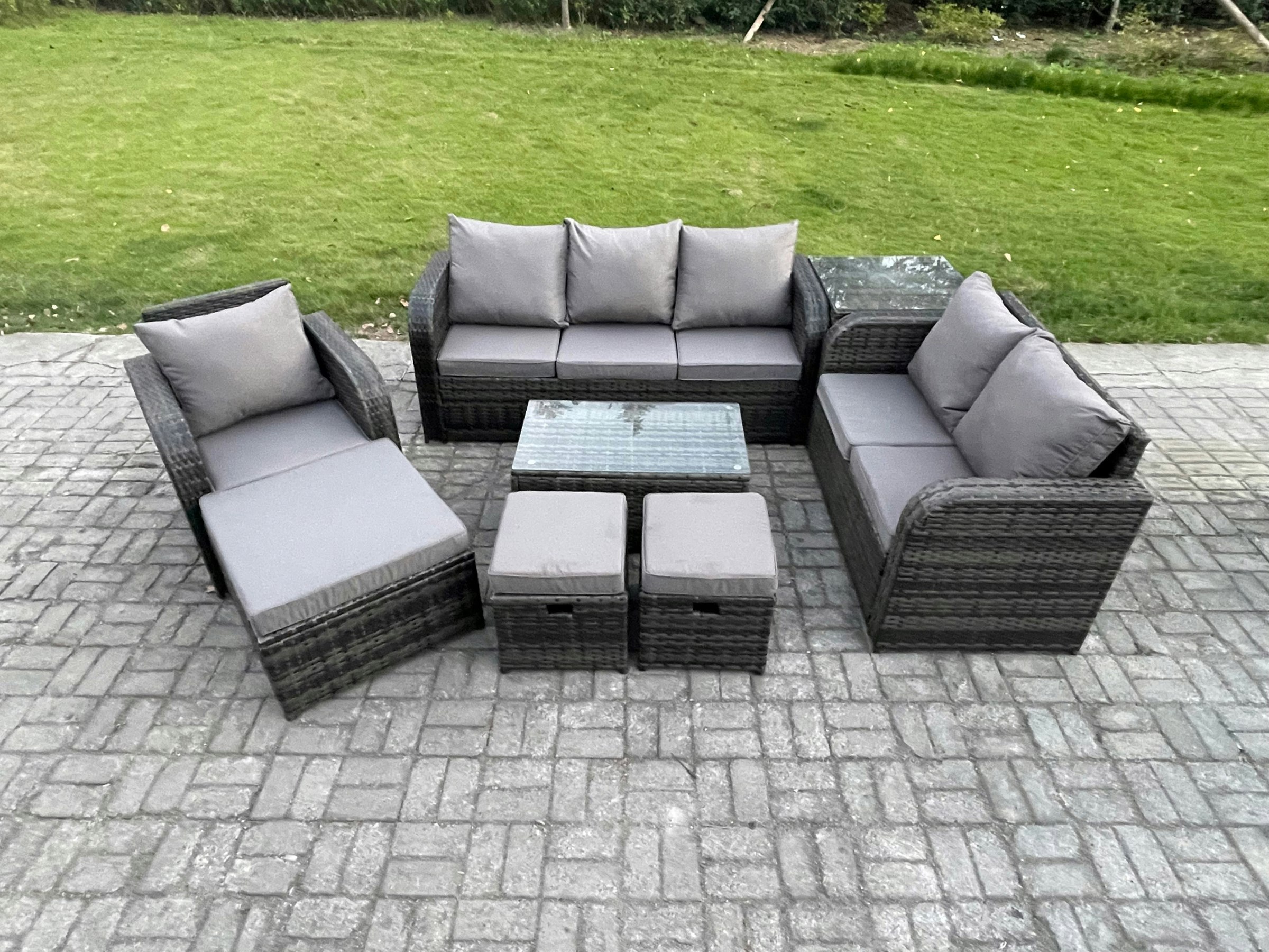 Fimous Dark/Grey Outdoor Garden Furniture Sets 8 Pieces Wicker Rattan Furniture Sofa Sets With Rectangular Coffee Table Loveseat Sofa 3 Footstools Side Table