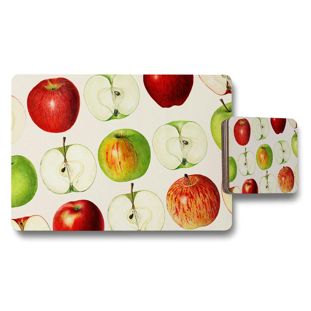 Benjamin Tate Design Red/Green Apple Pattern Placemat And Coaster Set For Kitchen Table Decor