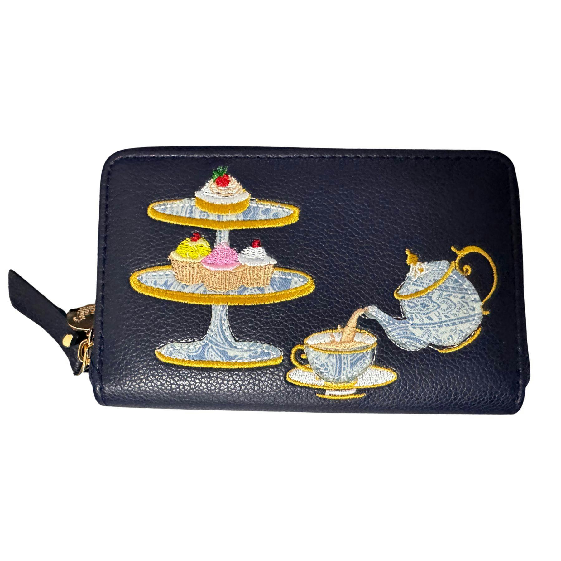 Fores Collection Cream Afternoon Tea Embroidered Zip Around Purse - Navy