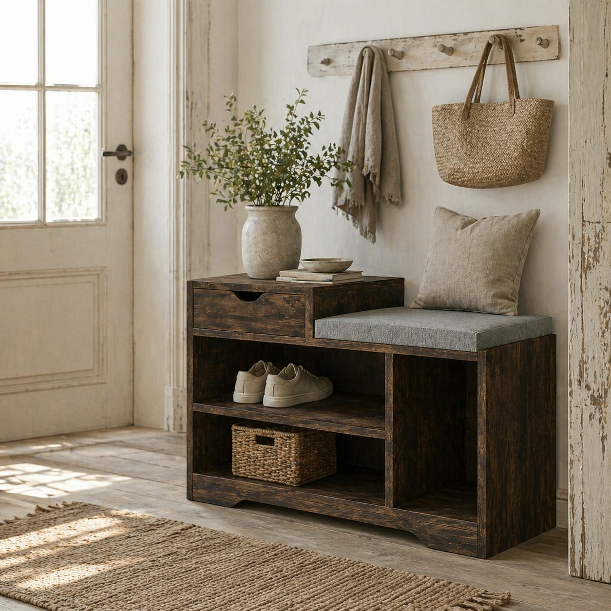 Rackhams Brown/Grey Nata Wooden Rustic Multi Compartment Shoe Bench With Cushioned Seat