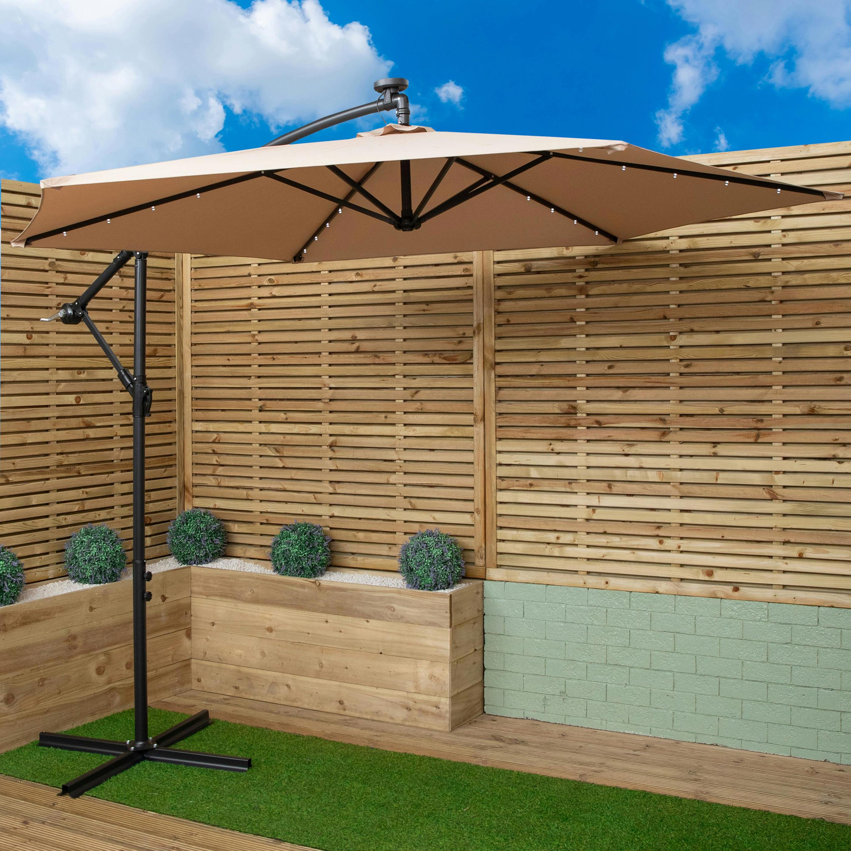 Rackhams White/Beige 3M Solar Powered Cantilever Lit Banana Garden Parasol With Crank Handle & Led Lights In
