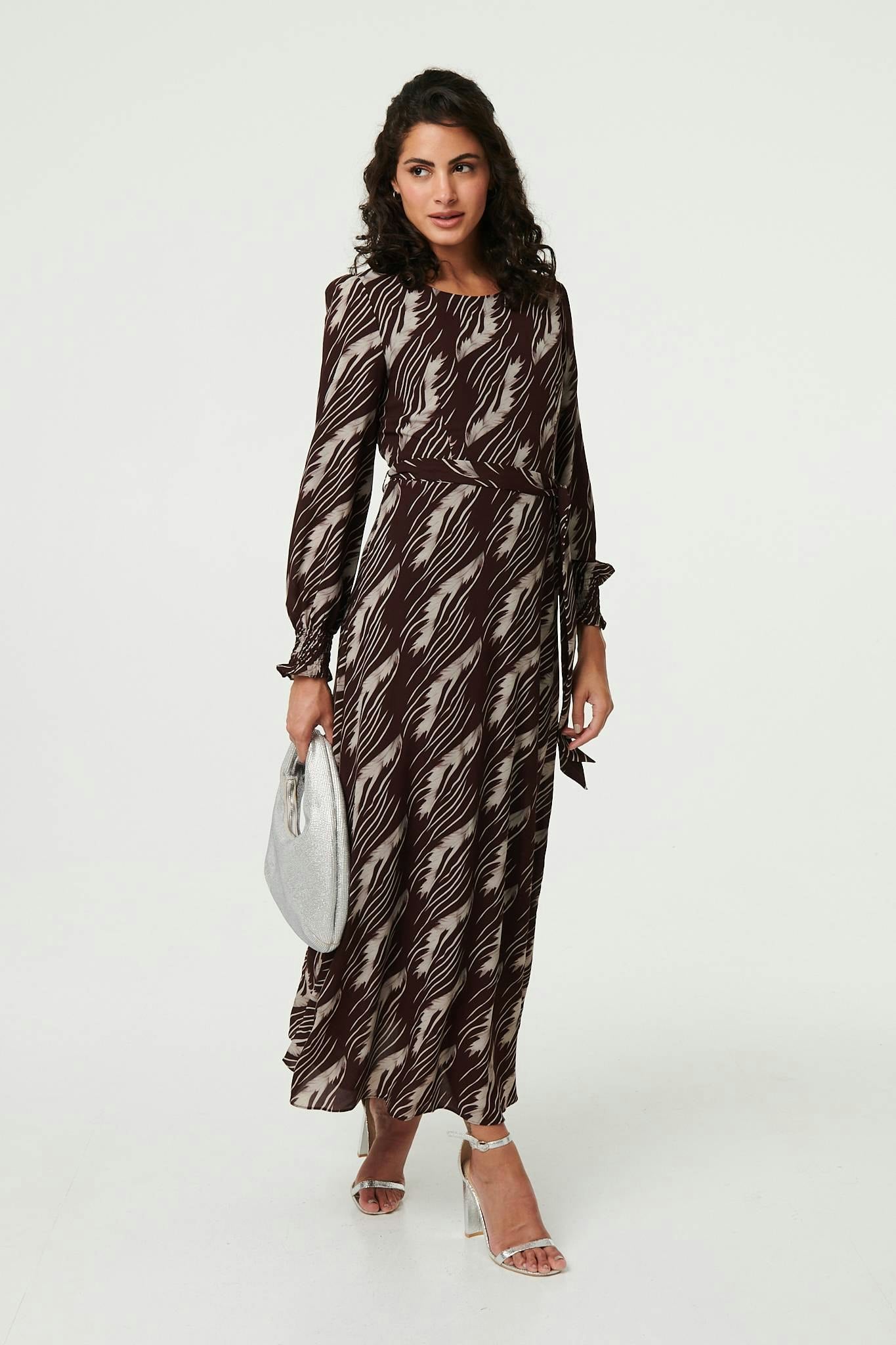 Izabel London Brown Printed Tie Waist Semi Sheer Maxi Dress - 14