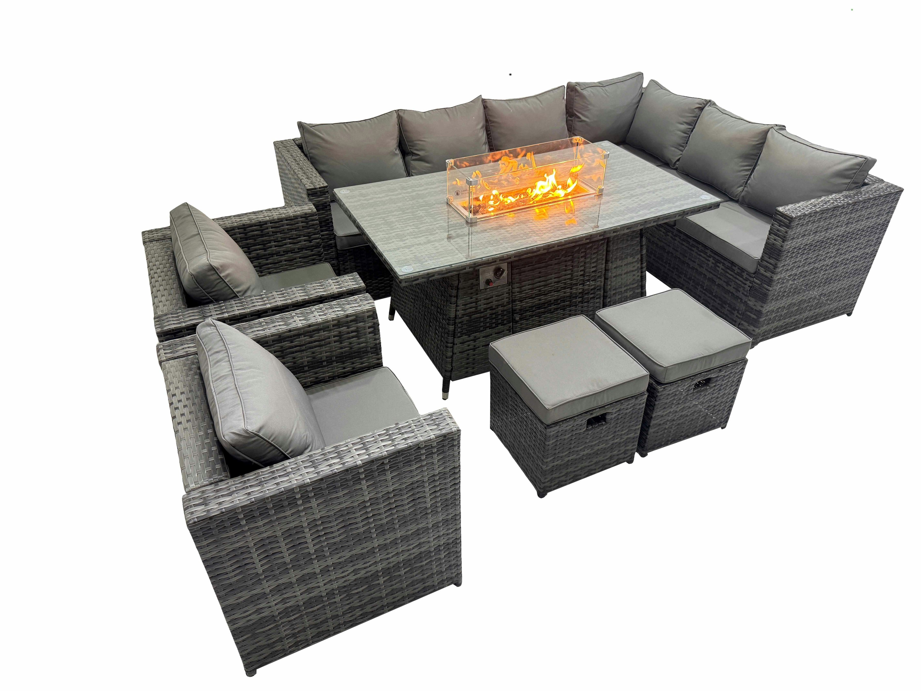 Fimous Dark/Grey Garden Rattan Furniture Set 10 Seater Outdoor Corner Sofa 2 Chair Gas Fire Pit Dining Table Set With 2 Small Stools