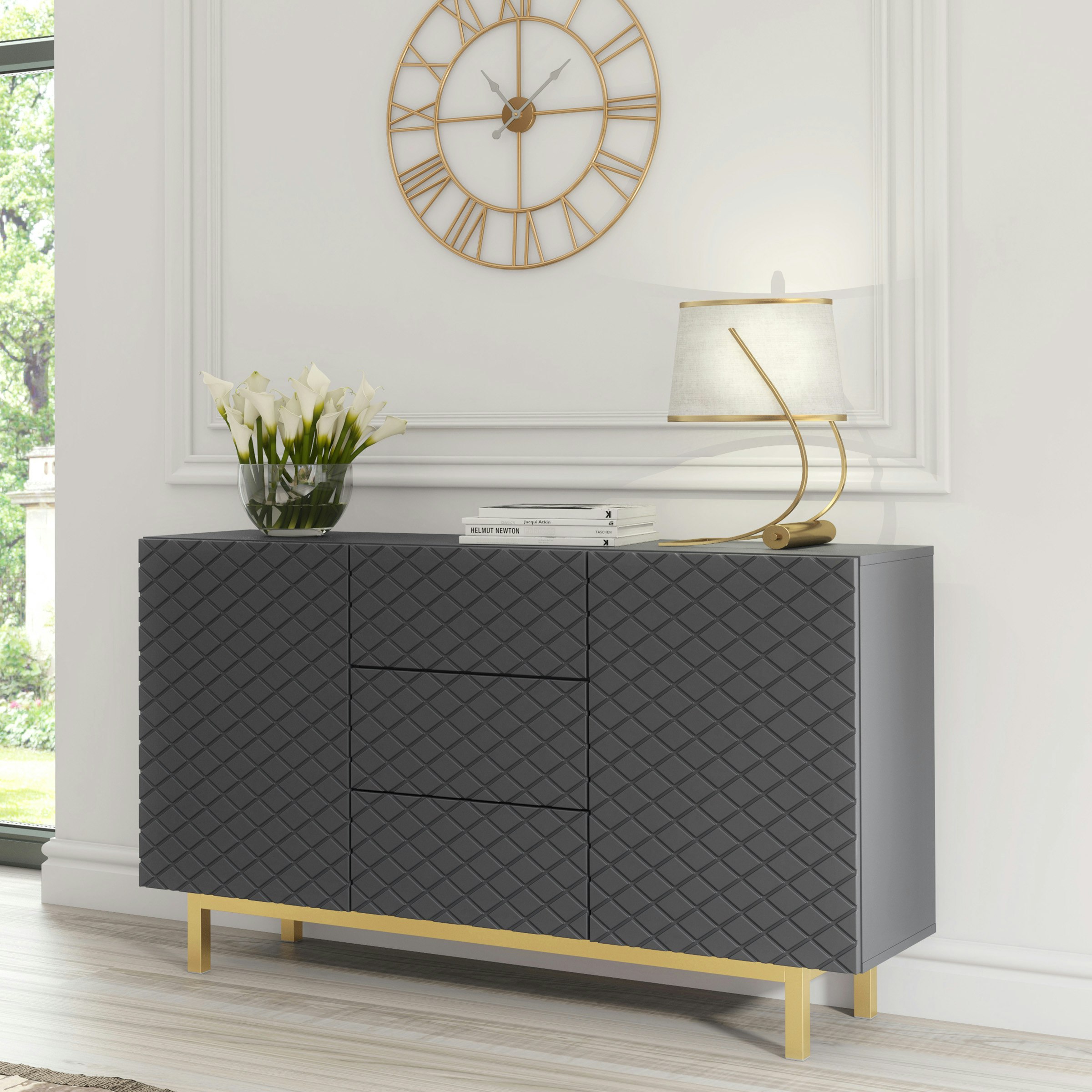 Rackhams Grey/Gold Matt Sideboard 140Cm Diamond Pattern With Legs - 140 Cm - Mdf/Chipboard - 1