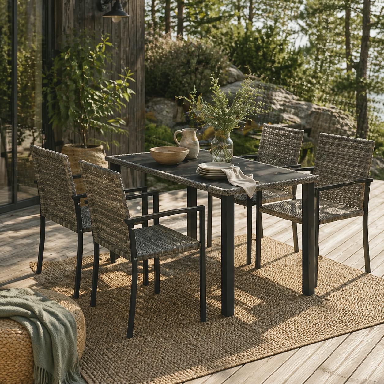 Rackhams Grey Saka Rattan 4 Seater Outdoor Garden Dining Set With Tempered Glass Table And Chairs