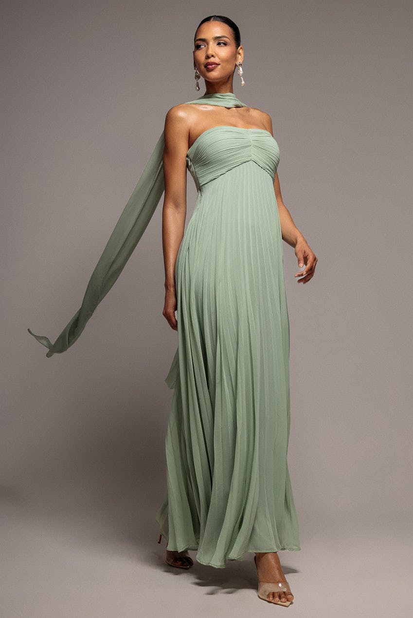 Goddiva Green Sleeveless Pleated Chiffon Multiway Scarf Maxi Dress - Sage By - Sage - 14