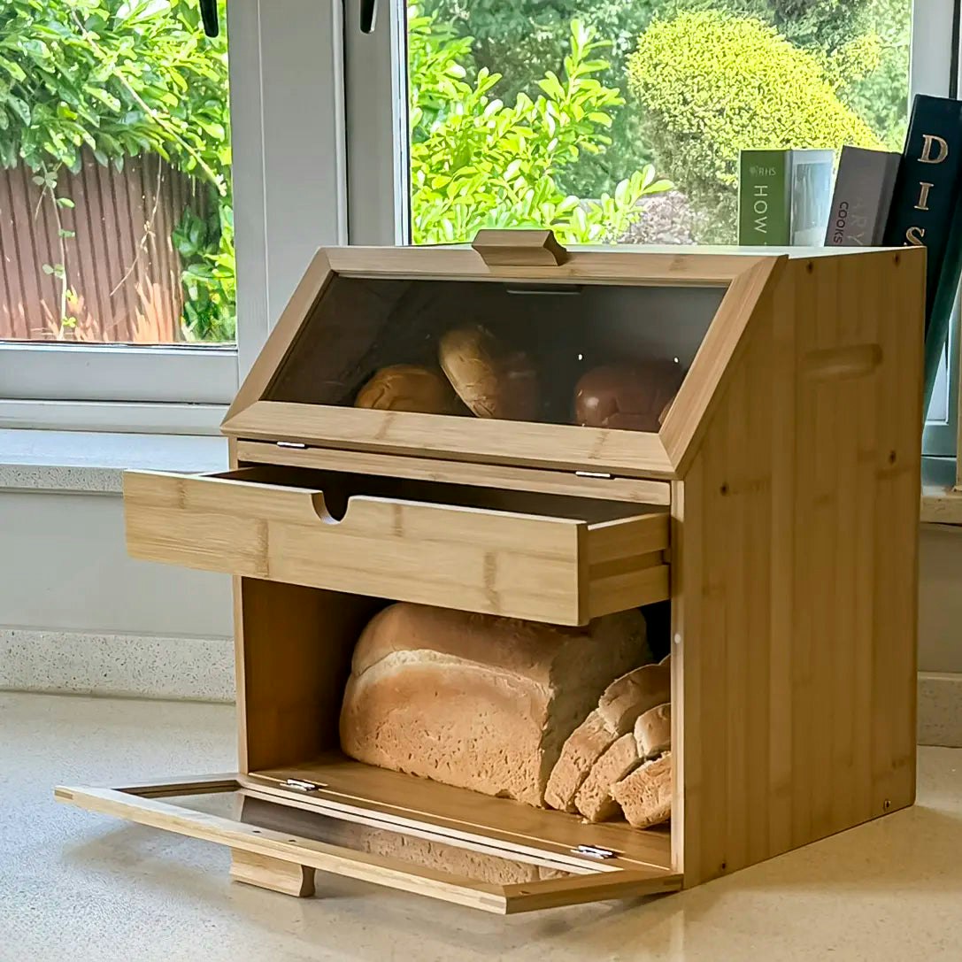 Rackhams Large Bamboo 3-Compartment Bread Bin