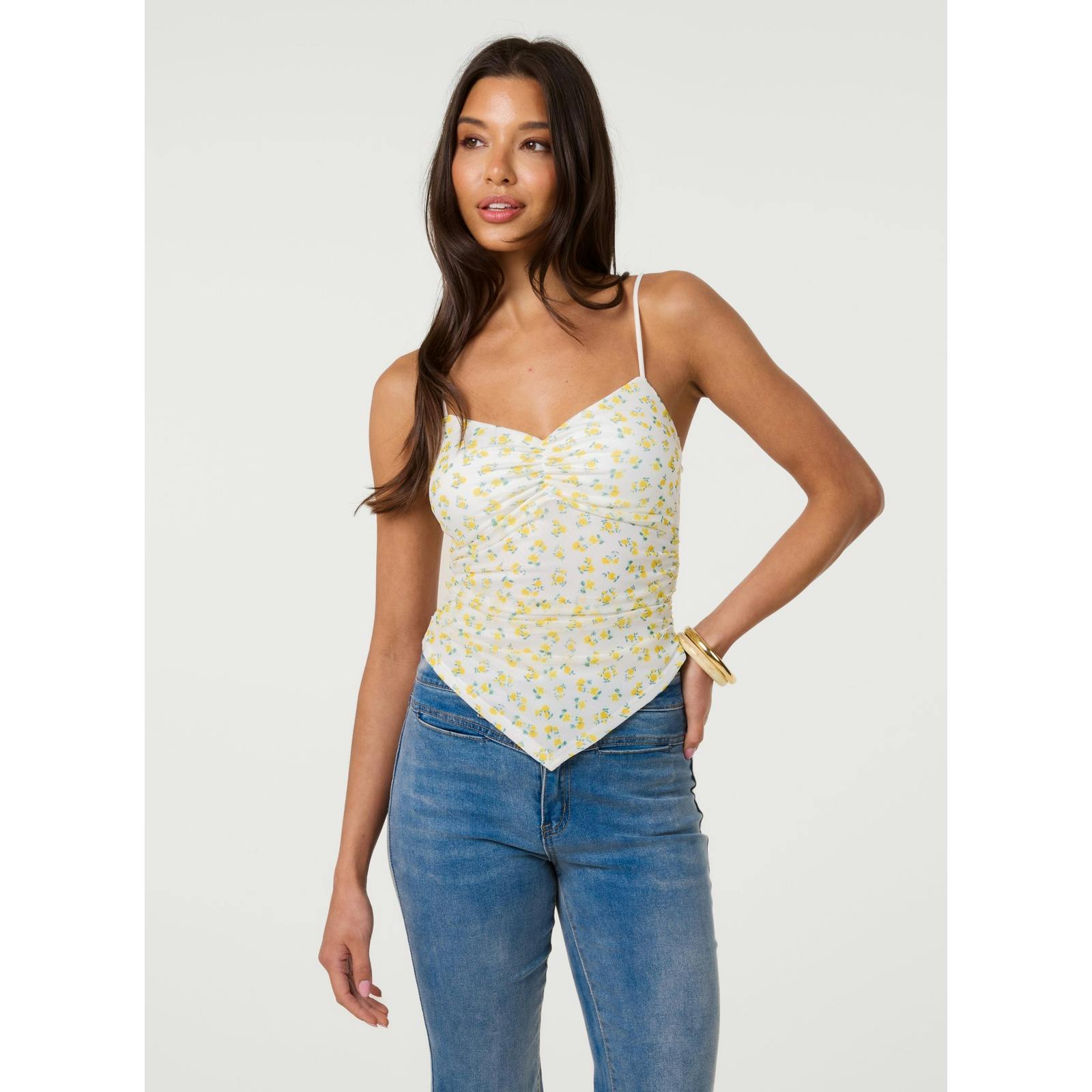 Pink Vanilla Pink/Light/Yellow Vanilla Hanky Hem Printed Mesh Crop Top - L