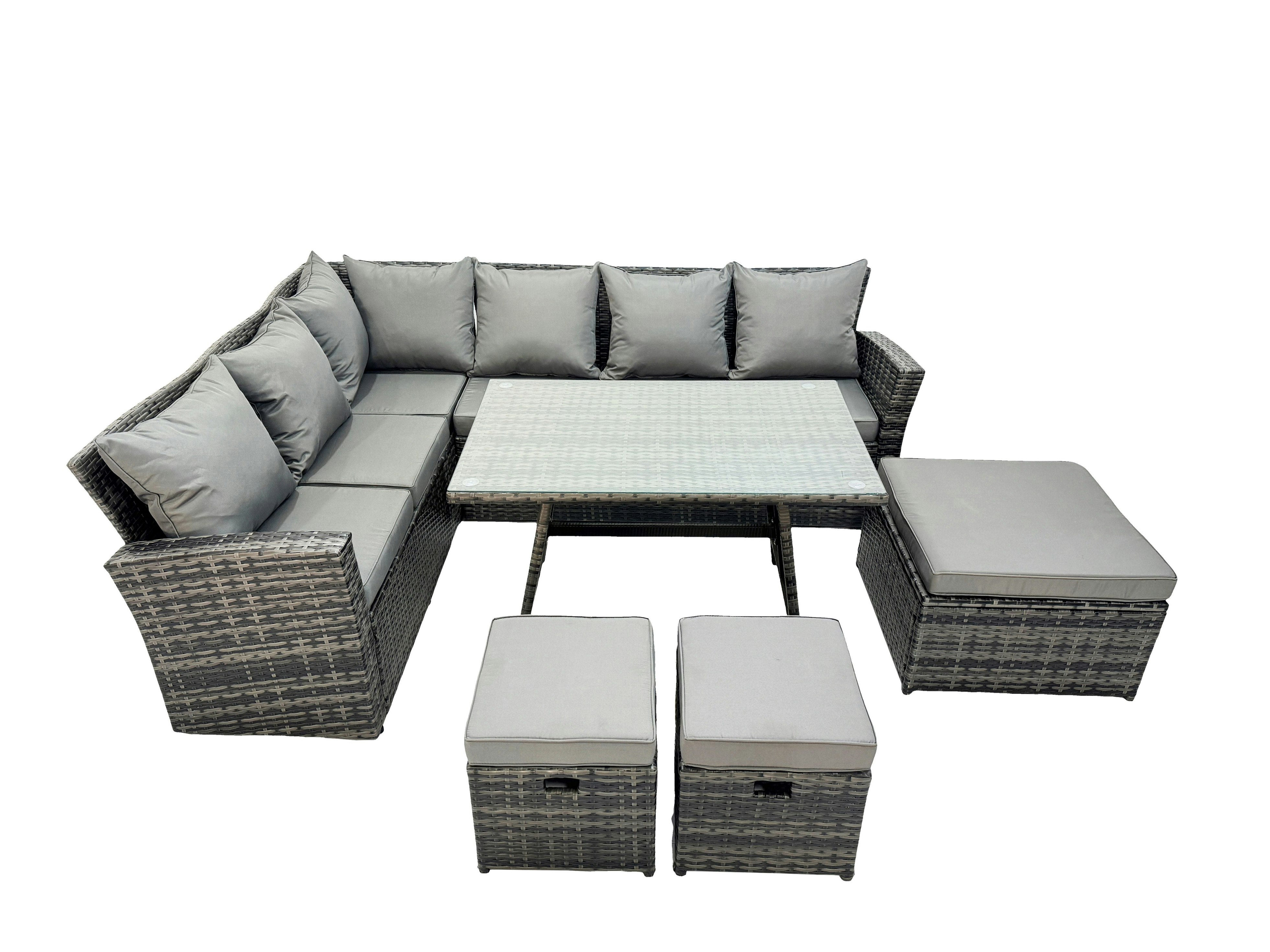 Rackhams Dark/Grey 9 Seater High Back Rattan Garden Furniture Set Corner Sofa With Oblong Dining Table 3 Footstool