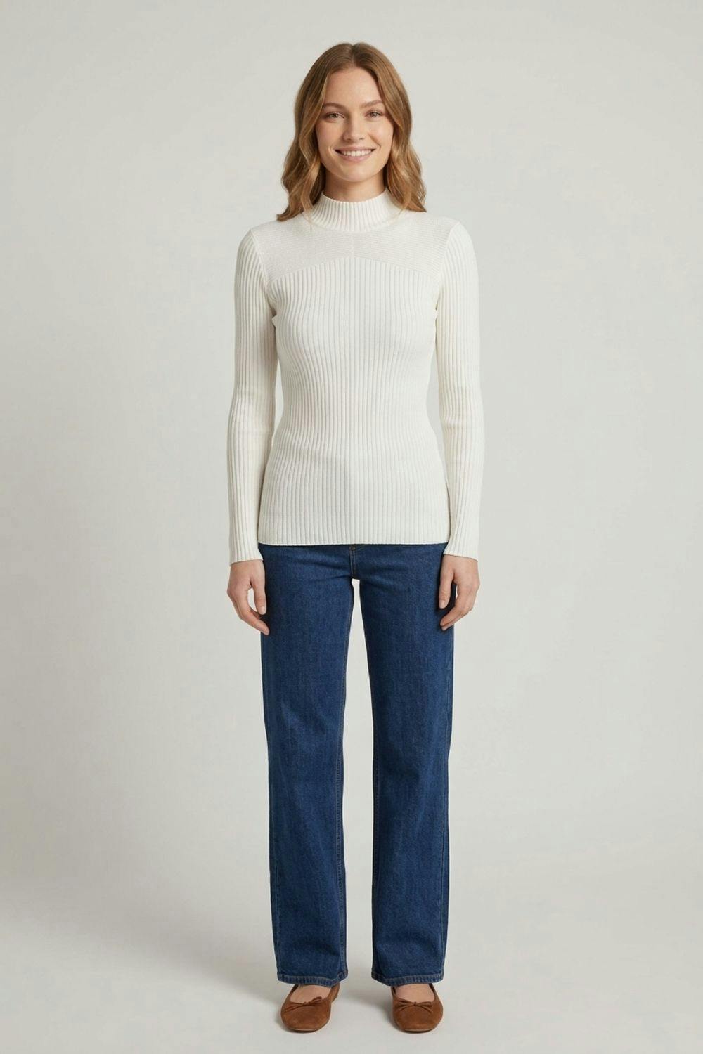 Izabel London White Striped Texture High Neck Slim Knit Top - 18