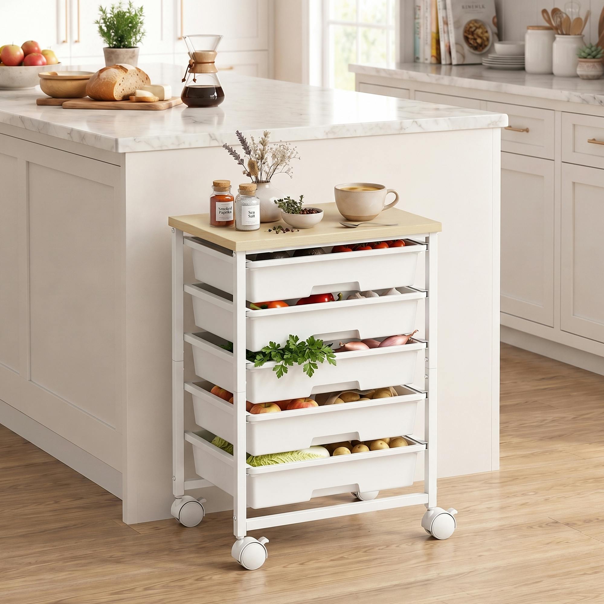 Rackhams White 6-Tier Storage Trolley On Wheels With 5 Pull-Out Drawers,