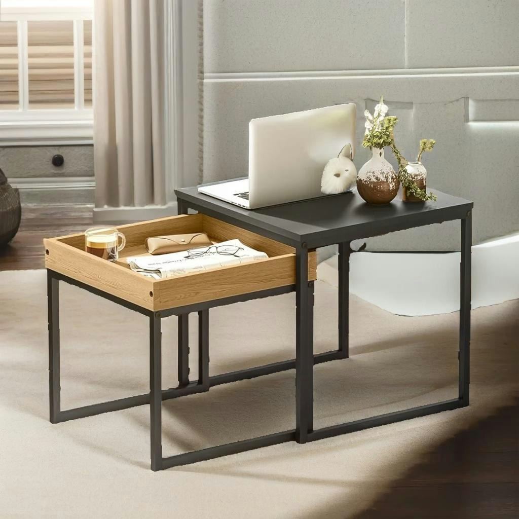Rackhams Brown/Black 2Pc Industrial Square Nesting Coffee Tables