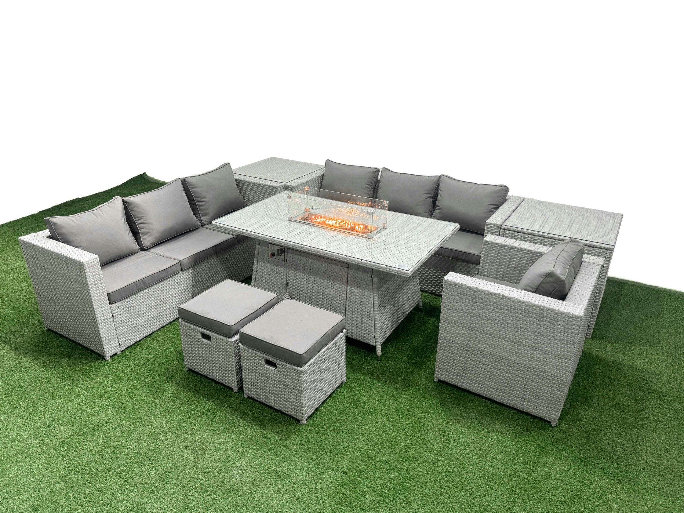Rackhams Light/Grey 9 Seat Pe Rattan Lounge Sofa Set Outdoor Garden Furniture Set With Fire Pit Dining Table 3 Seater Sofa 2 Small Stools 2 Side Tables