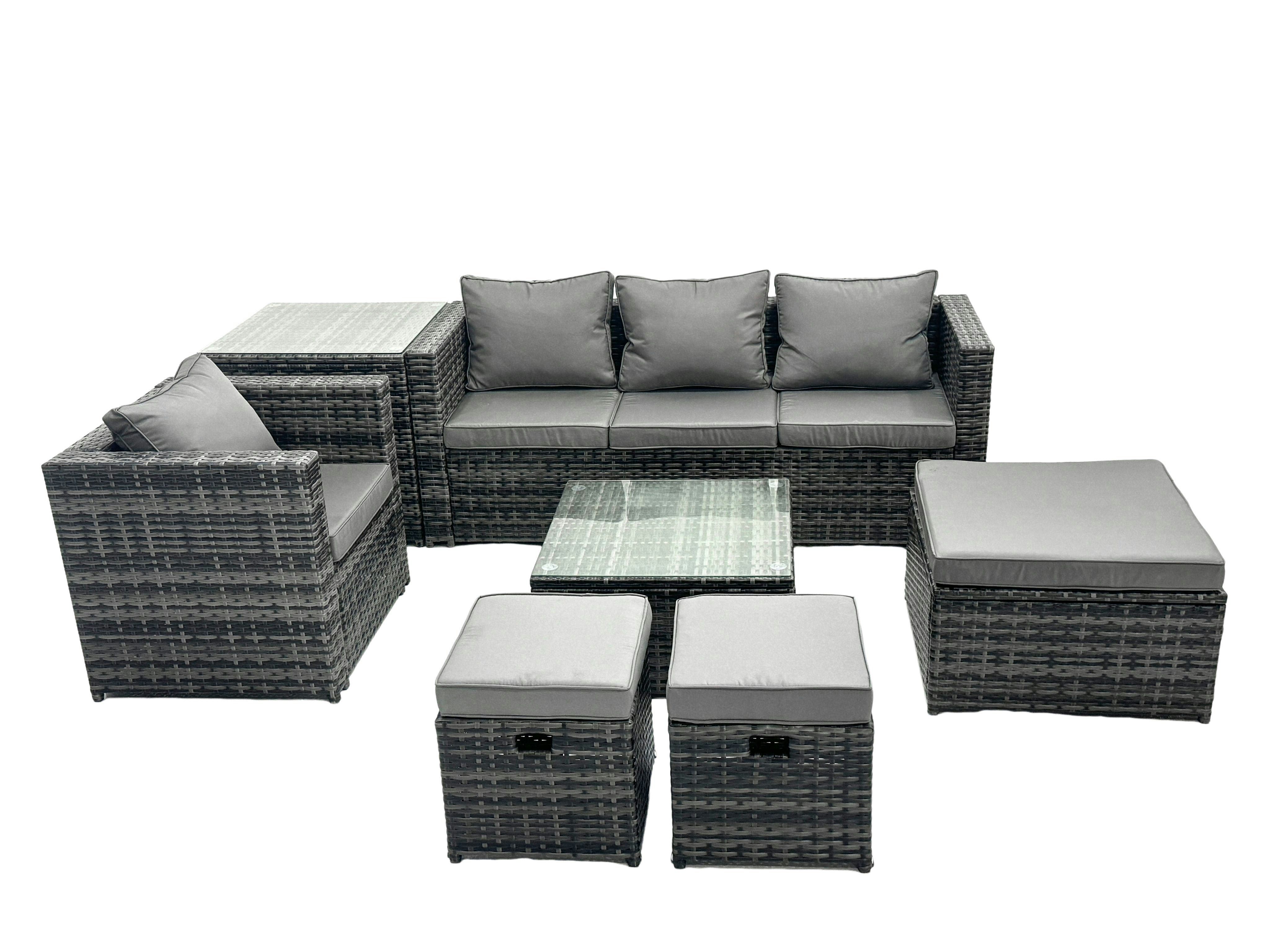 Fimous Dark/Grey Outdoor Rattan Garden Furniture Set 7 Seater Patio Lounge Sofa Set With Armchair Square Coffee Table Side Table 3 Footstools Mixed