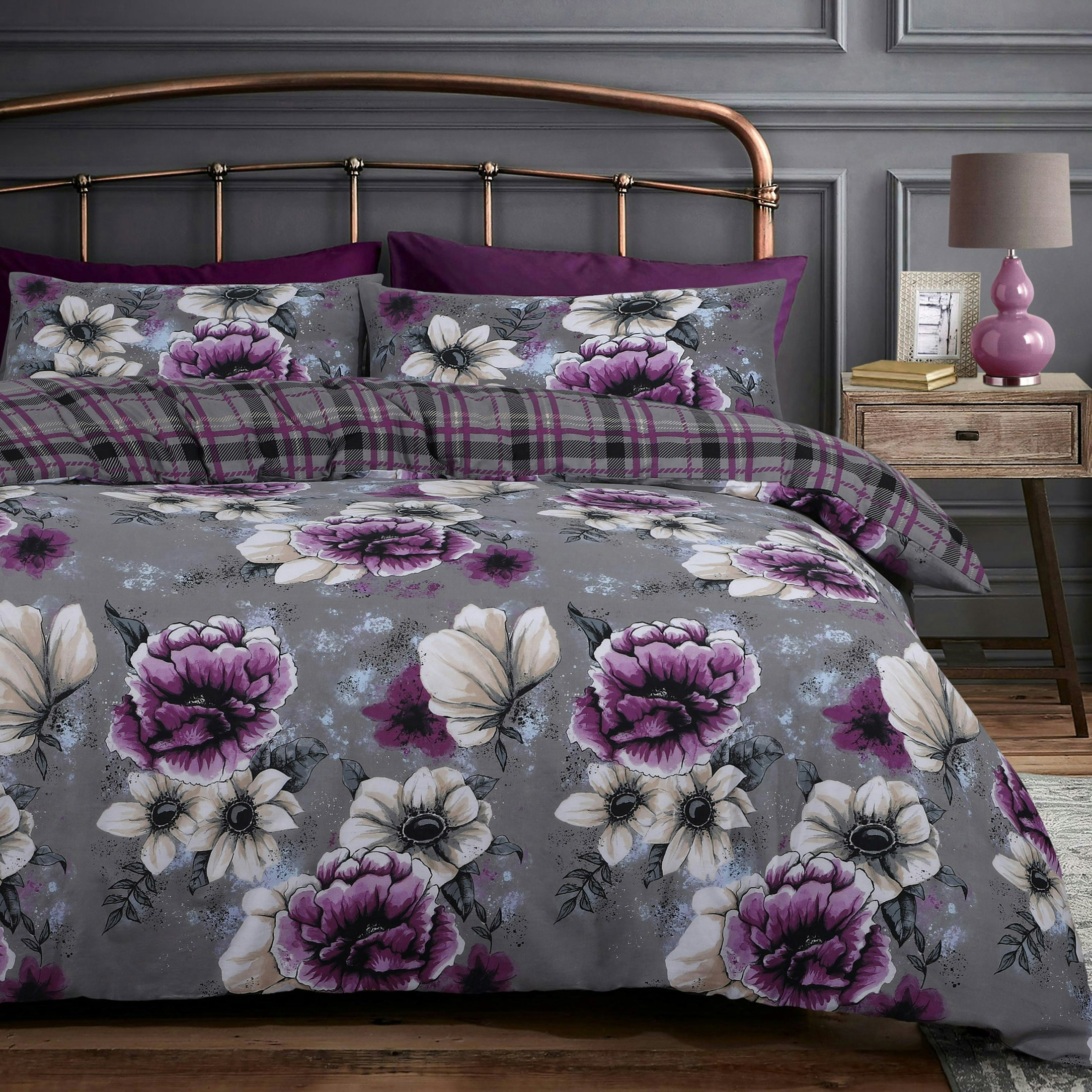 Velosso Purple Cassia Floral Reversible Printed Cotton Blend Duvet Cover And Pillowcase Set - Single