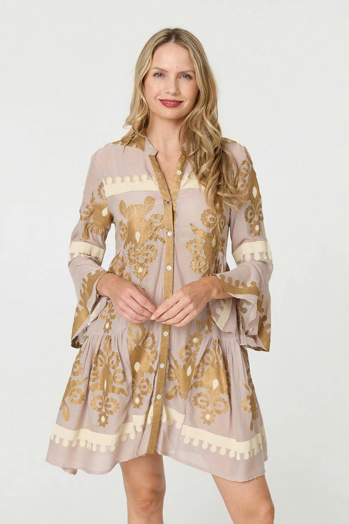 Izabel London Beige Baroque Print Long Sleeve Short Dress - 10