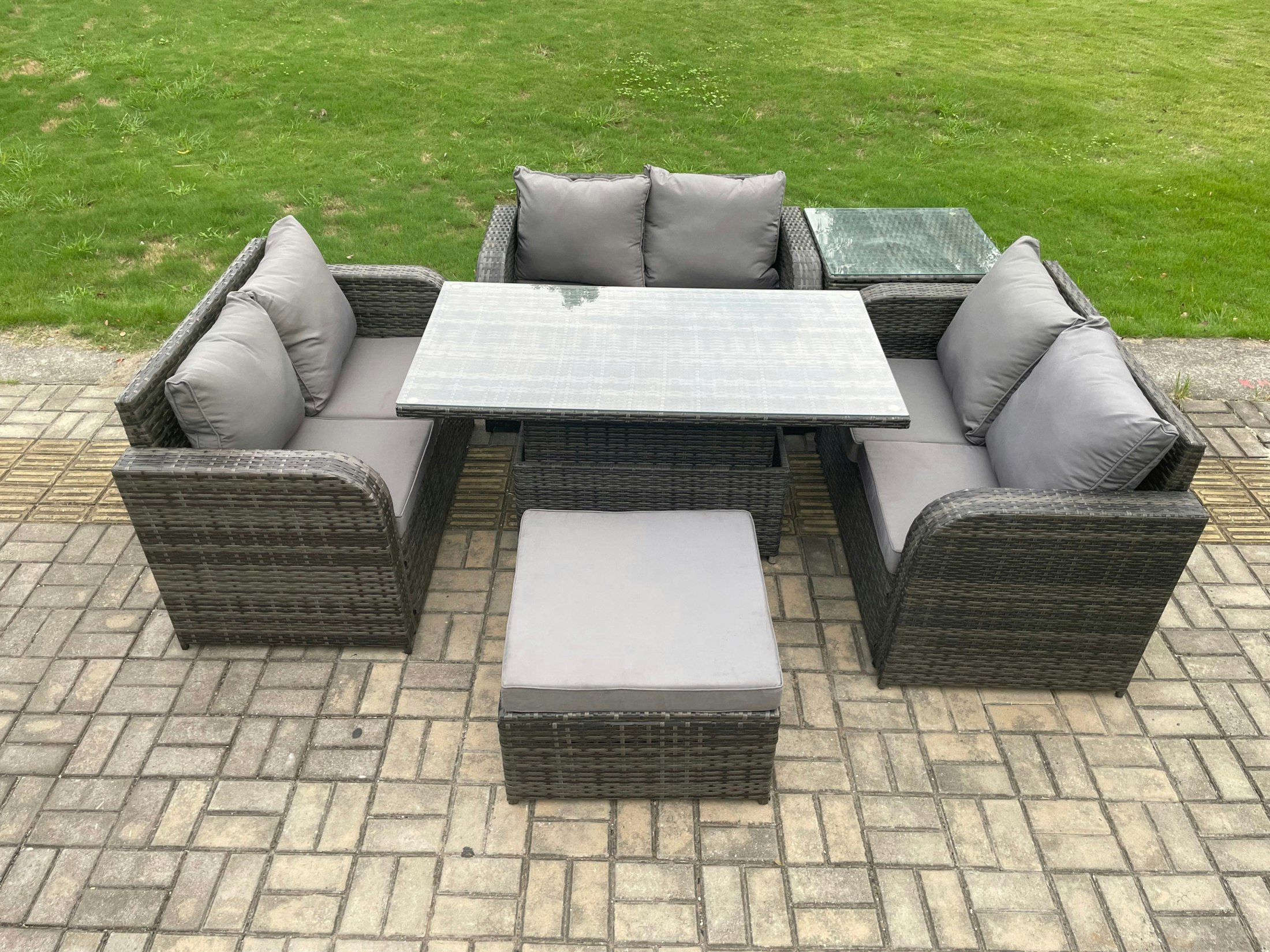 Rackhams Dark/Grey Rattan Garden Outdoor Furniture 3 Pc Love Sofa Set Patio Adjustable Rising Lifting Dining Table With Side Table Big Footstool