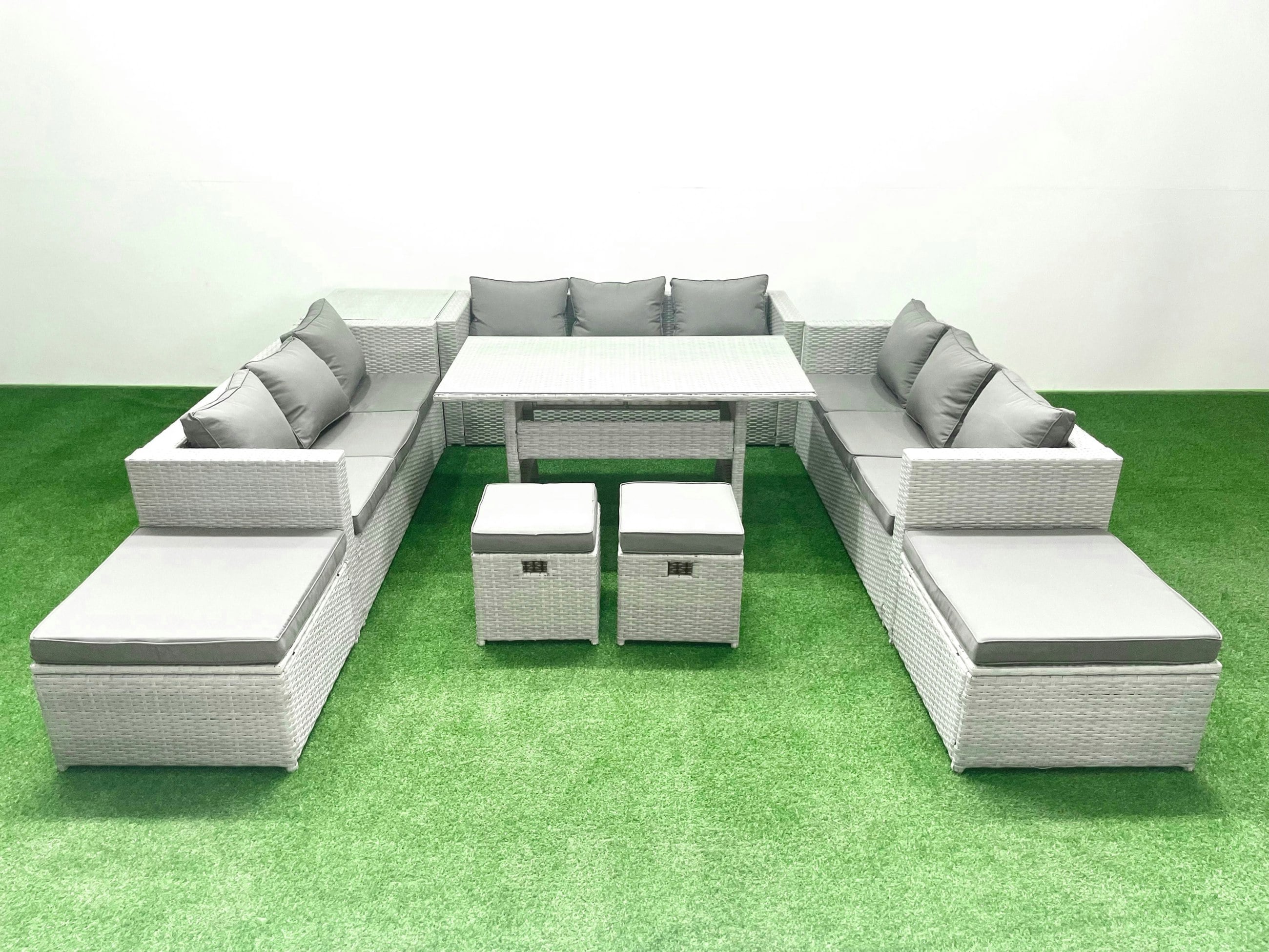 Rackhams Light/Grey Rattan Garden Furniture Dining Set 13 Seater Lounge Sofa Dining Table Set With 4 Footstools Side Table Mixed