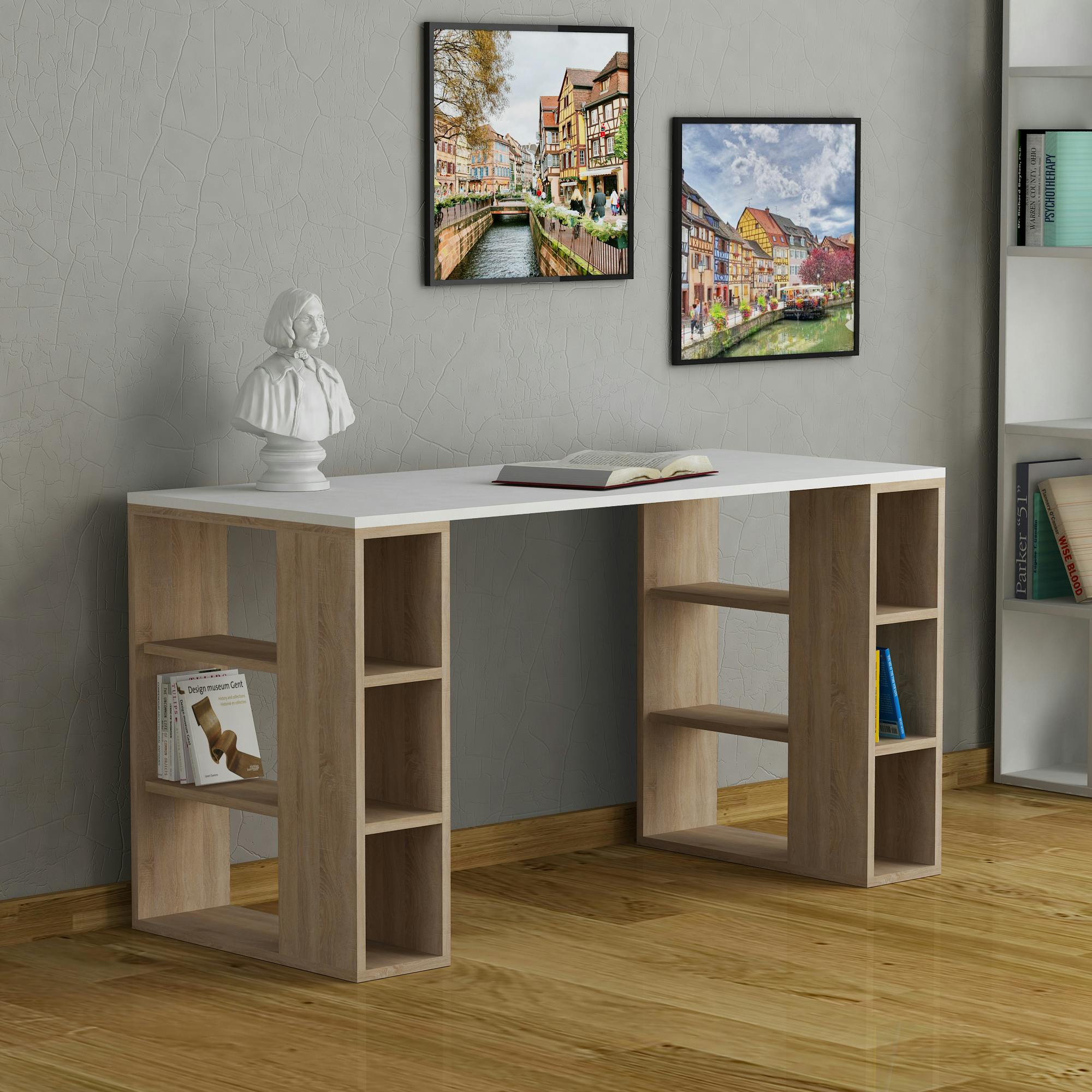 Rackhams White Colmar Modern Desk With Integrated 6-Shelf Bookshelf Storage Width 140Cm - Oak