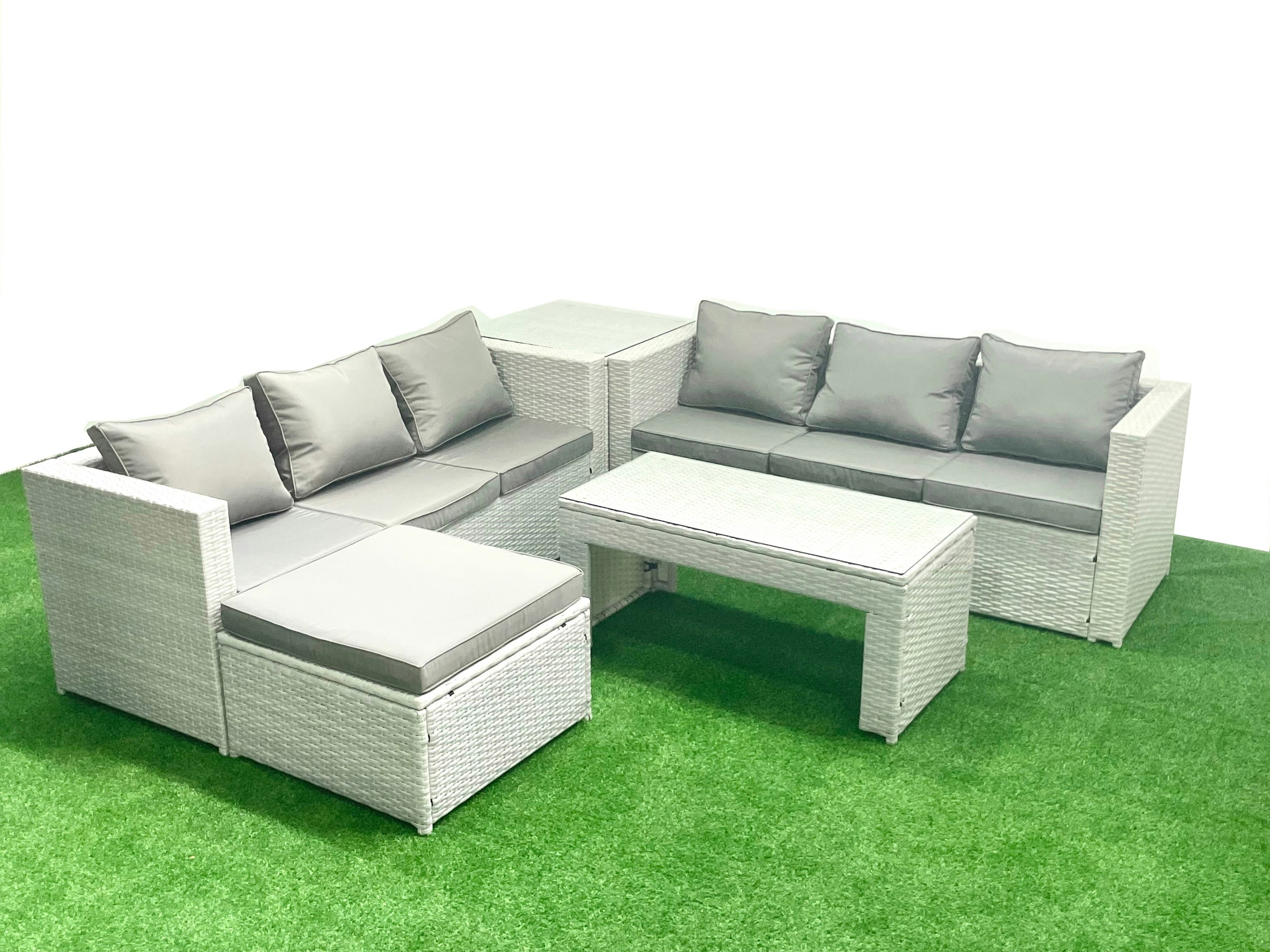 Fimous Light/Grey 7 Seater Garden Outdoor Rattan Furniture Set Rattan Garden Sofa Oblong Coffee Table With Big Footstool Side Table Mixed