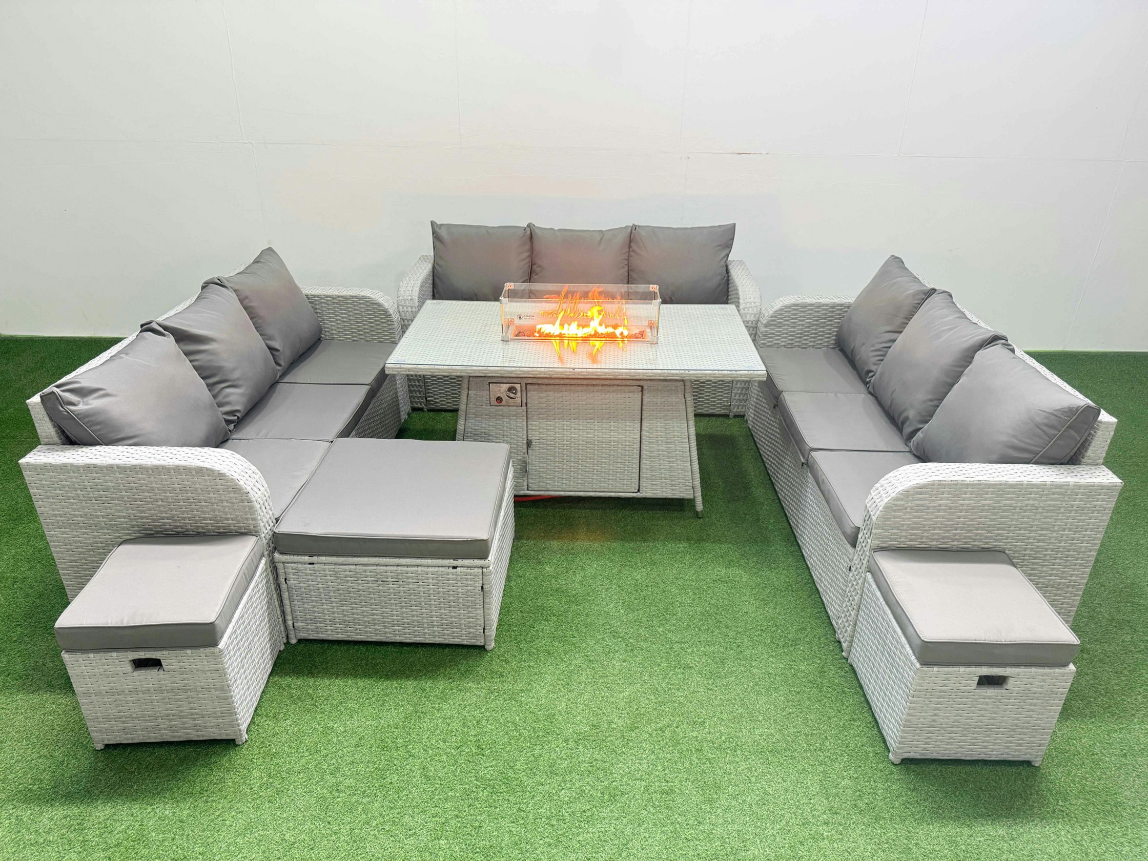 Rackhams Light/Grey Pe Rattan Lounge Sofa Set 12 Seater Outdoor Garden Furniture Set With Fire Pit Dining Table 3 Seater Sofa 3 Stools