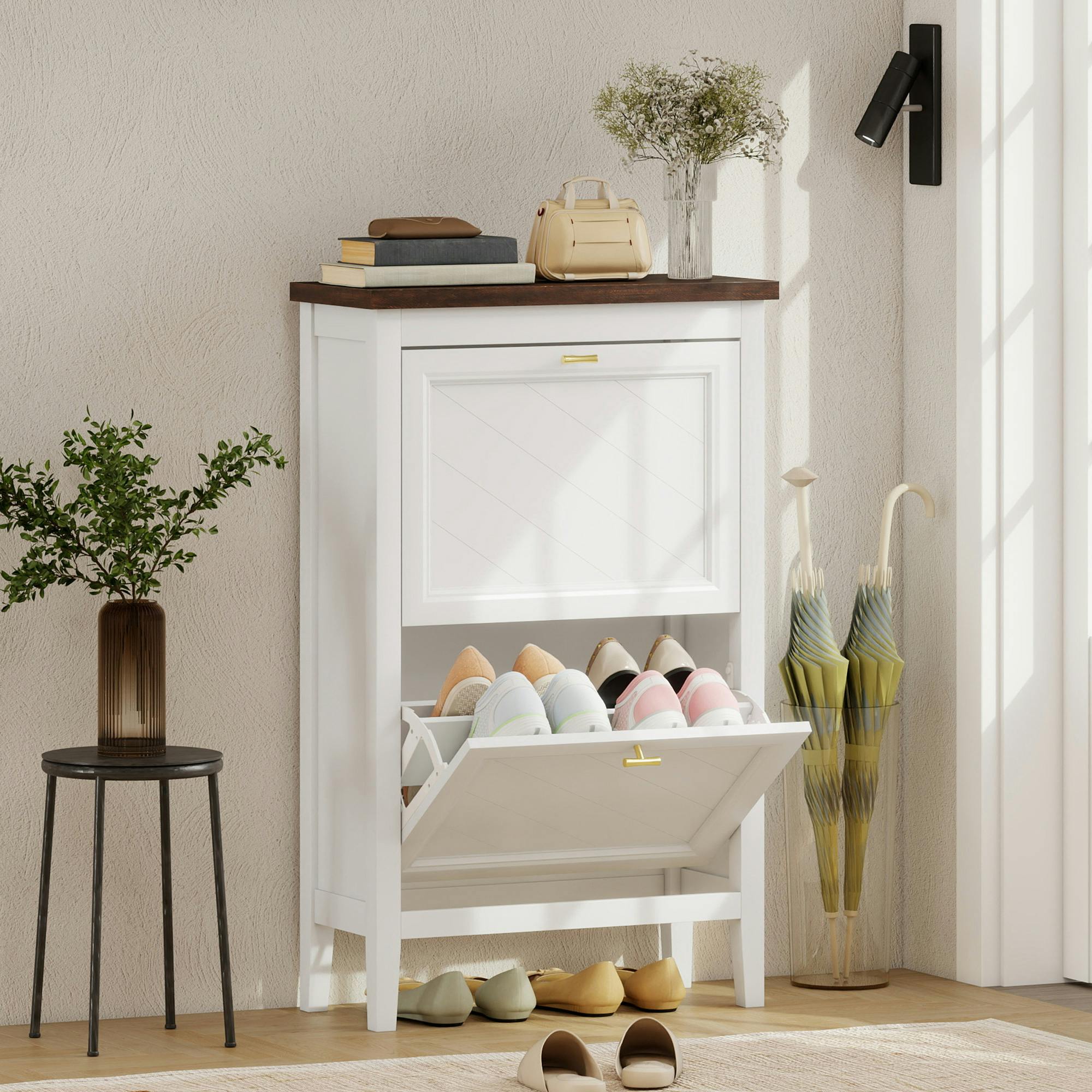 Rackhams White Shoe Cabinet With Flip Drawers, Narrow Shoe Storage Cabinet, - 60W X 26.5D X 96.7H Cm