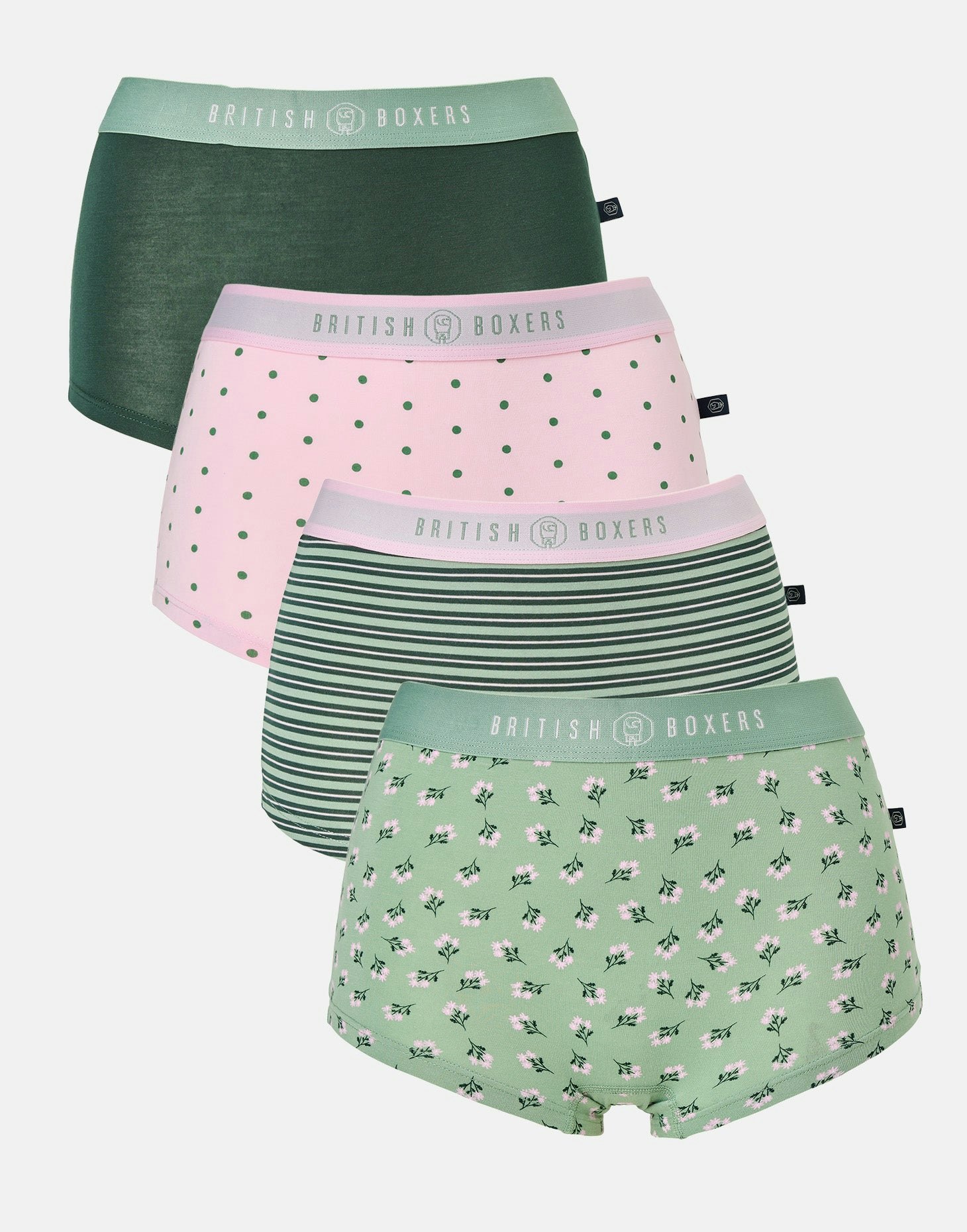 British Boxers Women's Green/Pink Multipack! 4 Pairs Of Bamboo Hipster Boxer Briefs – Juniper - Medium