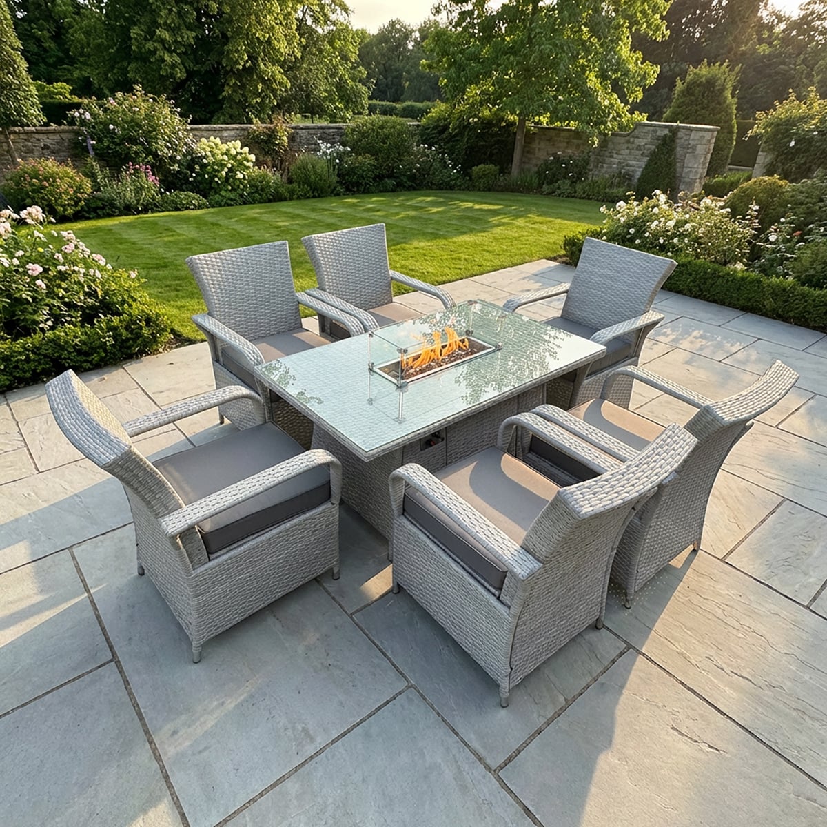 Rackhams Light/Grey 6 Seater Rattan Outdoor Garden Furniture Set With Gas Fire Pit Table And 6 Chairs