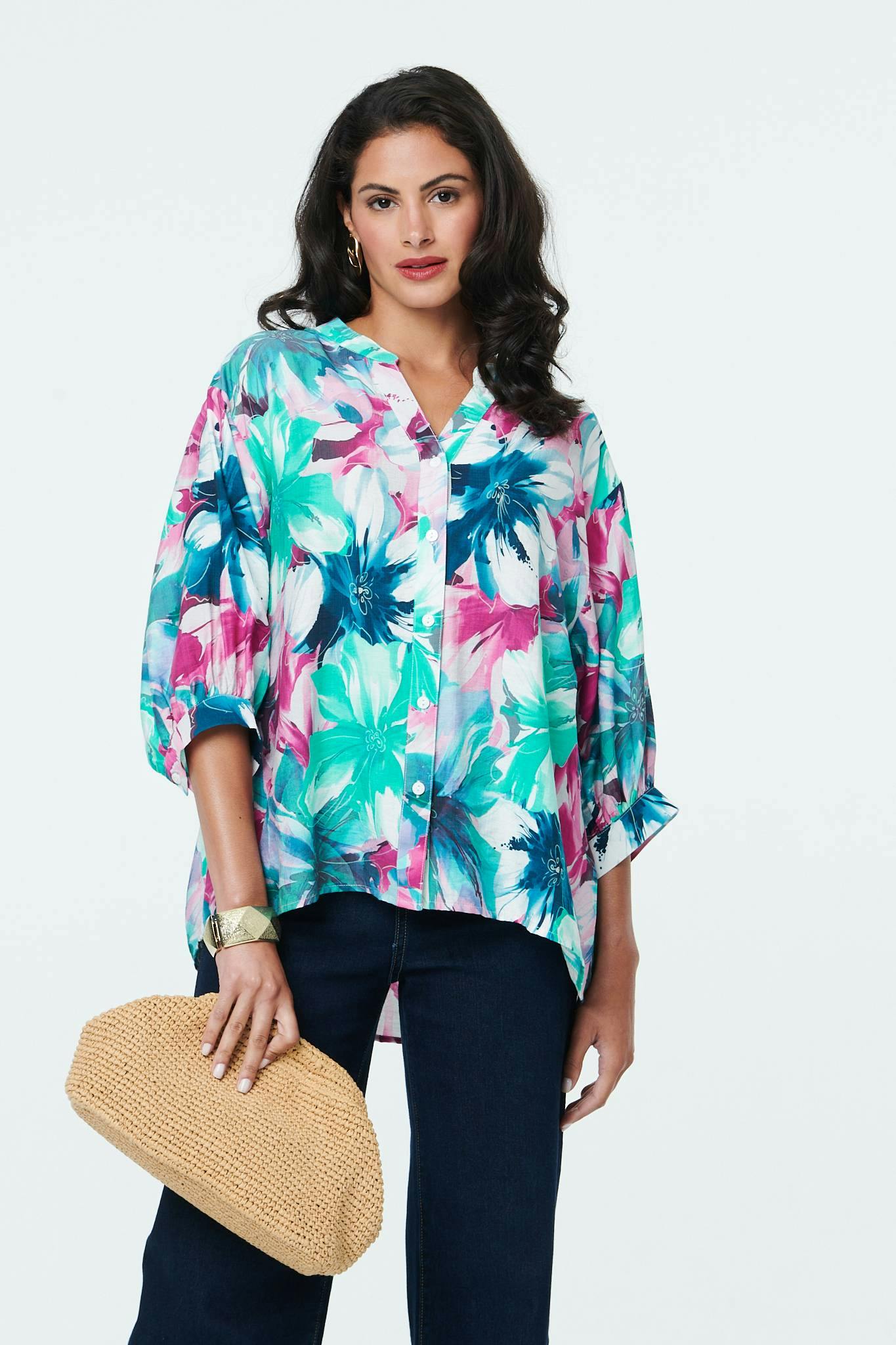 Izabel London Blue Floral Relaxed Button Back Shirt - 12