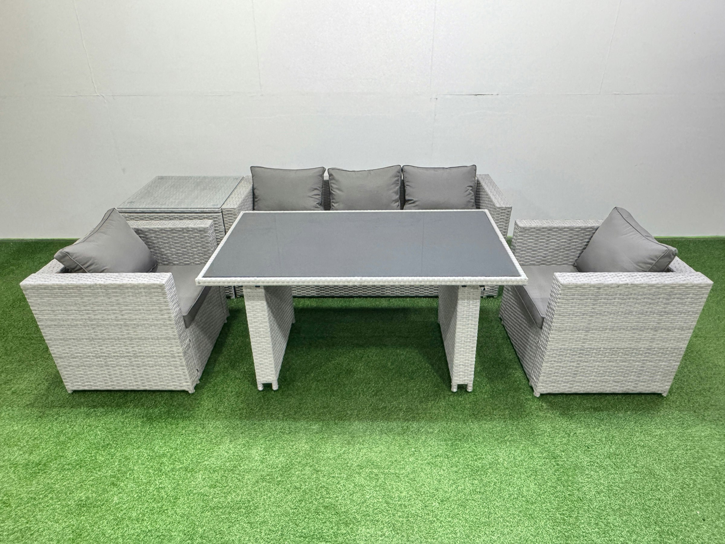 Rackhams Black/Light/Grey Patio Garden Furniture Sets With Glass Top Dining Table Armchair 3 Seater Sofa Side Table