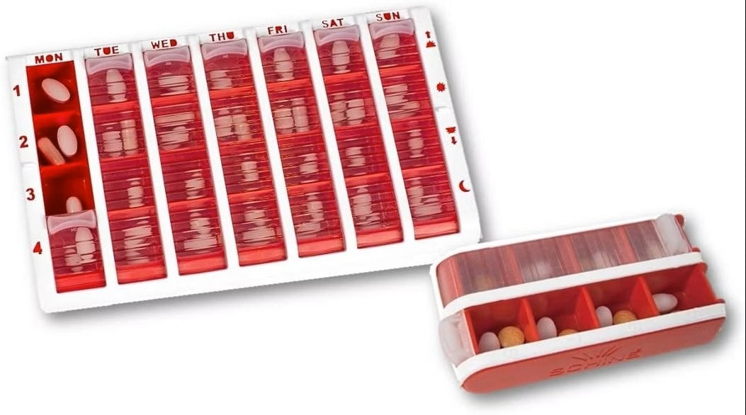 Pivotell Red Daily & Weekly Pill Box Organiser Set - With An Innovative Easy To Open Roller Shutter