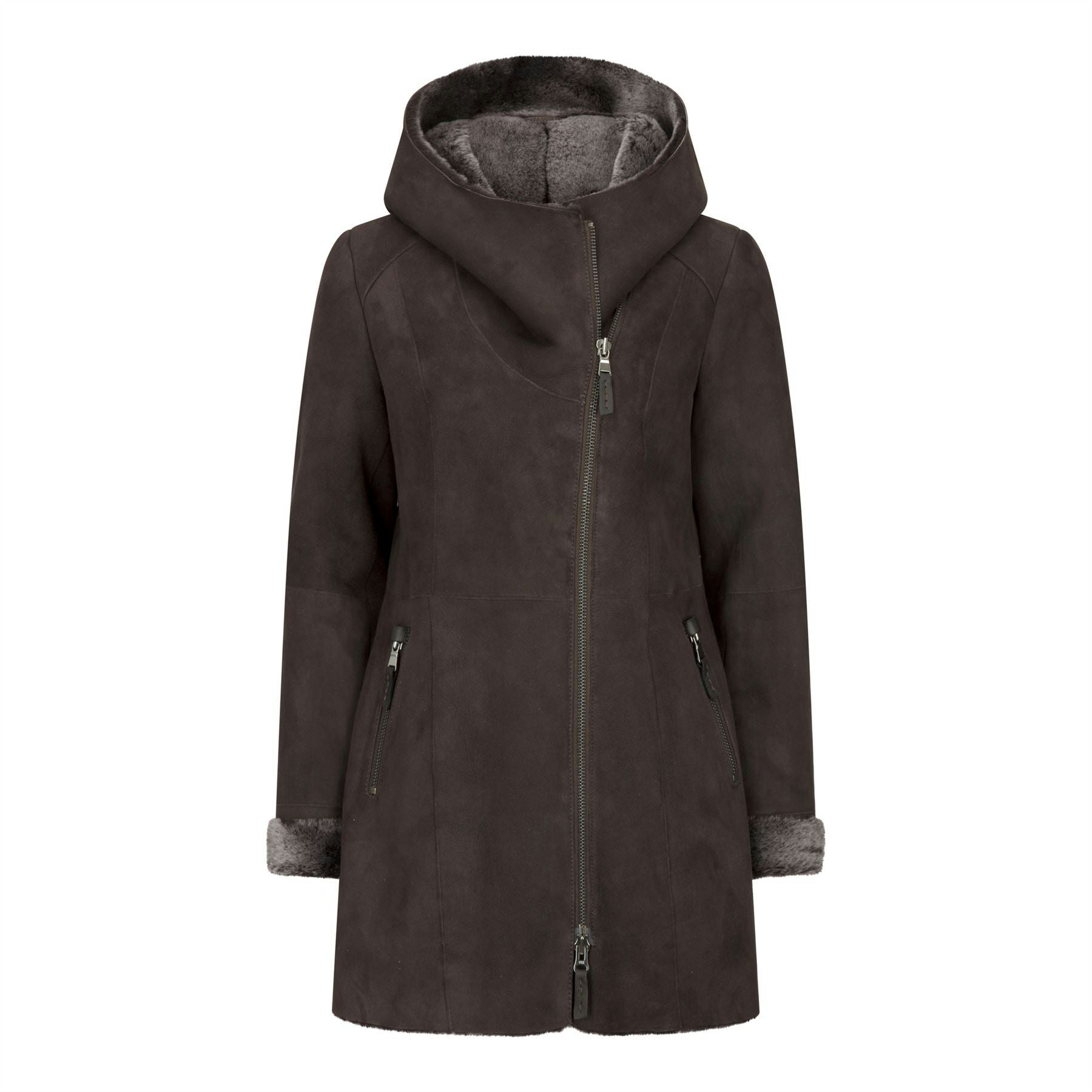Infinity Leather Women's Brown Leather Company 3/4 Mid Length Sheepskin Toscana Suede Hood Coat - Uk 20