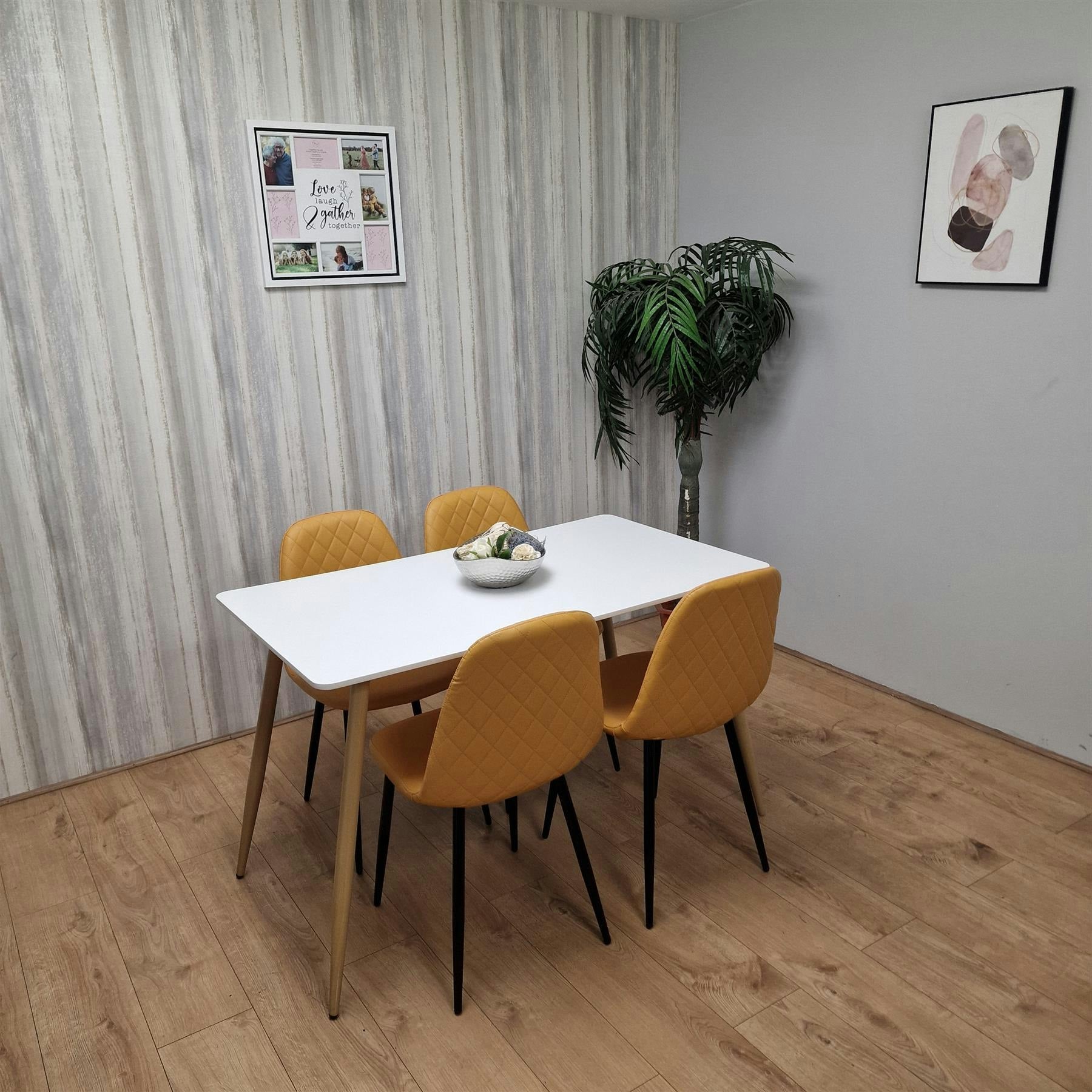 B&Q - Modern Rectangle White Dining Table Set With 4 Mustard Chairs Dining Room Furniture - Image 6