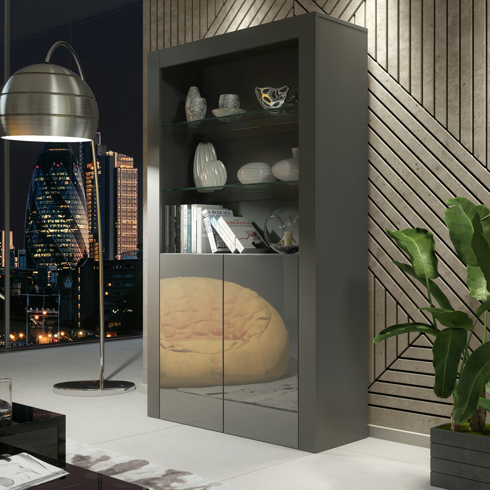 Rackhams White Tall Display Cabinet 170Cm Oak Matt Body And Gloss Doors – Modern Open Shelving Unit (Copy) (Copy) - Matt Body & Gloss Doors - 170 - Full Assembly Required.