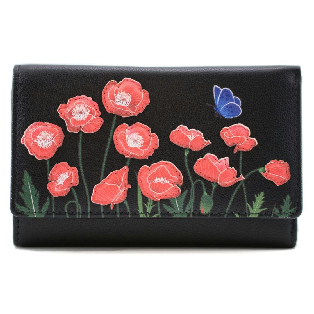 Mala Leather Black Poppy Floral Large Leather Rfid Tri Fold Purse