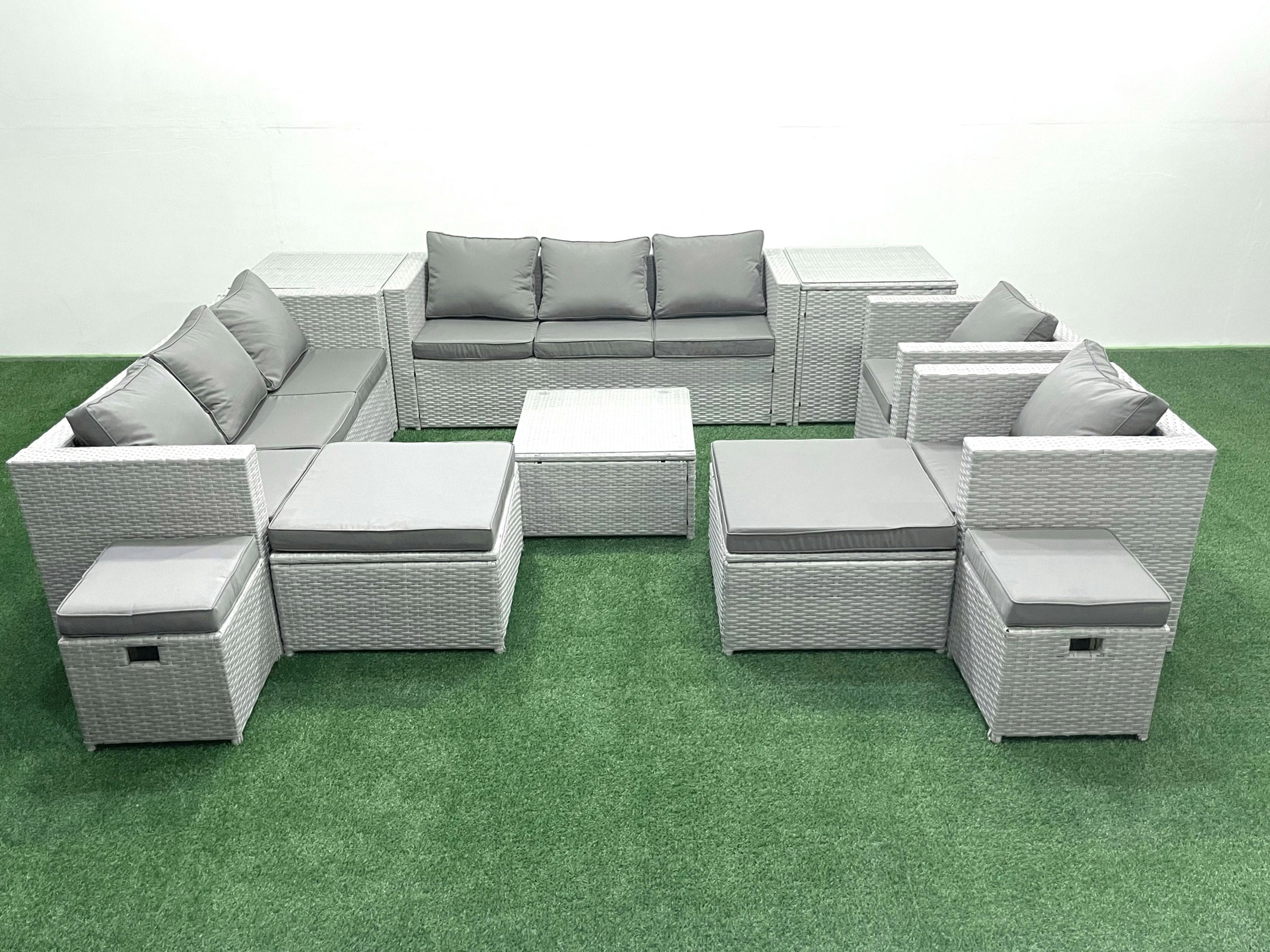 Fimous Light/Grey Garden Outdoor Furniture Set 12 Seater Rattan Sofa Set With 4 Footstools 2 Side Tables Mixed