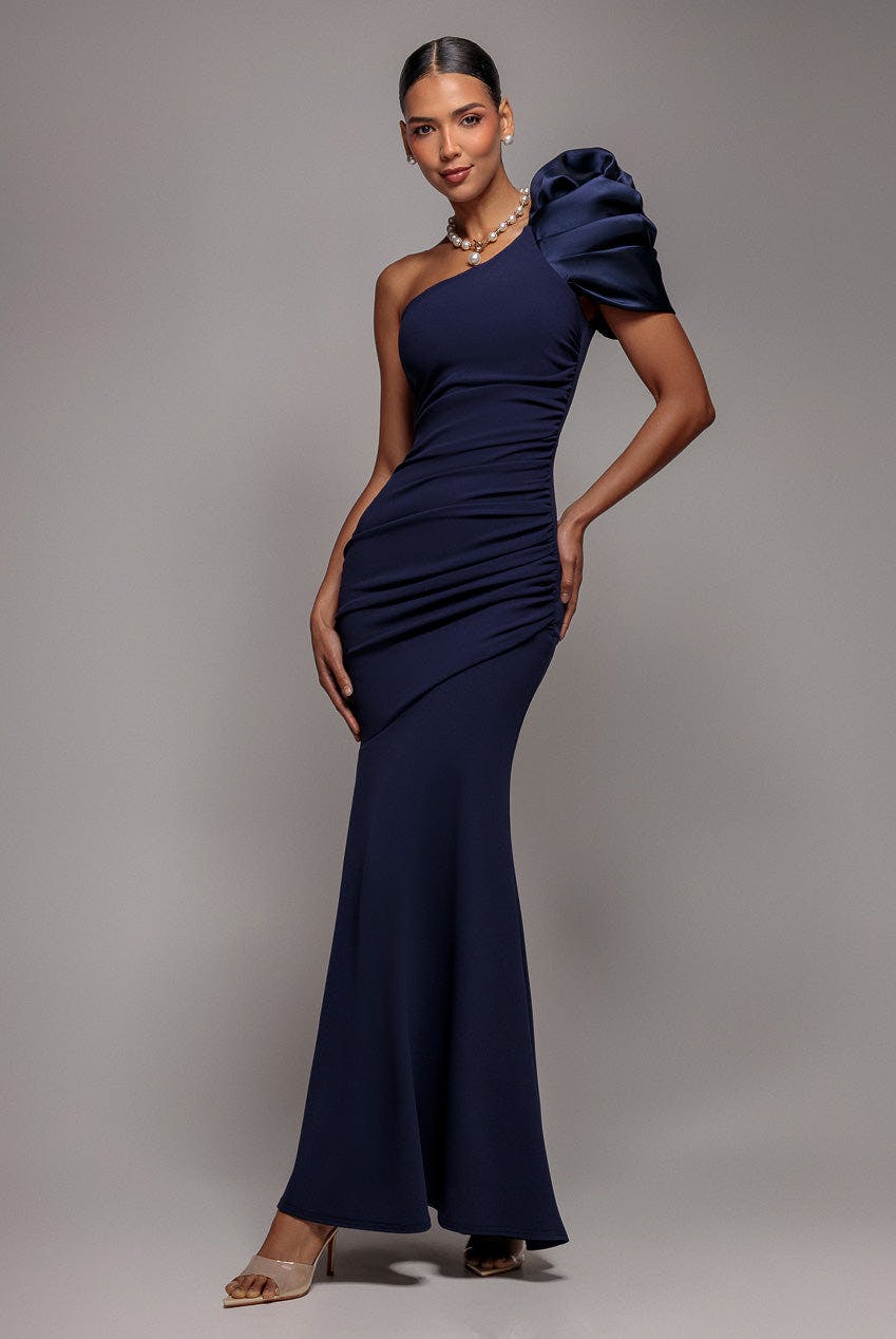Goddiva Blue One Shoulder Puffed Satin Sleeve Evening Maxi Dress - Navy By - Navy - 14