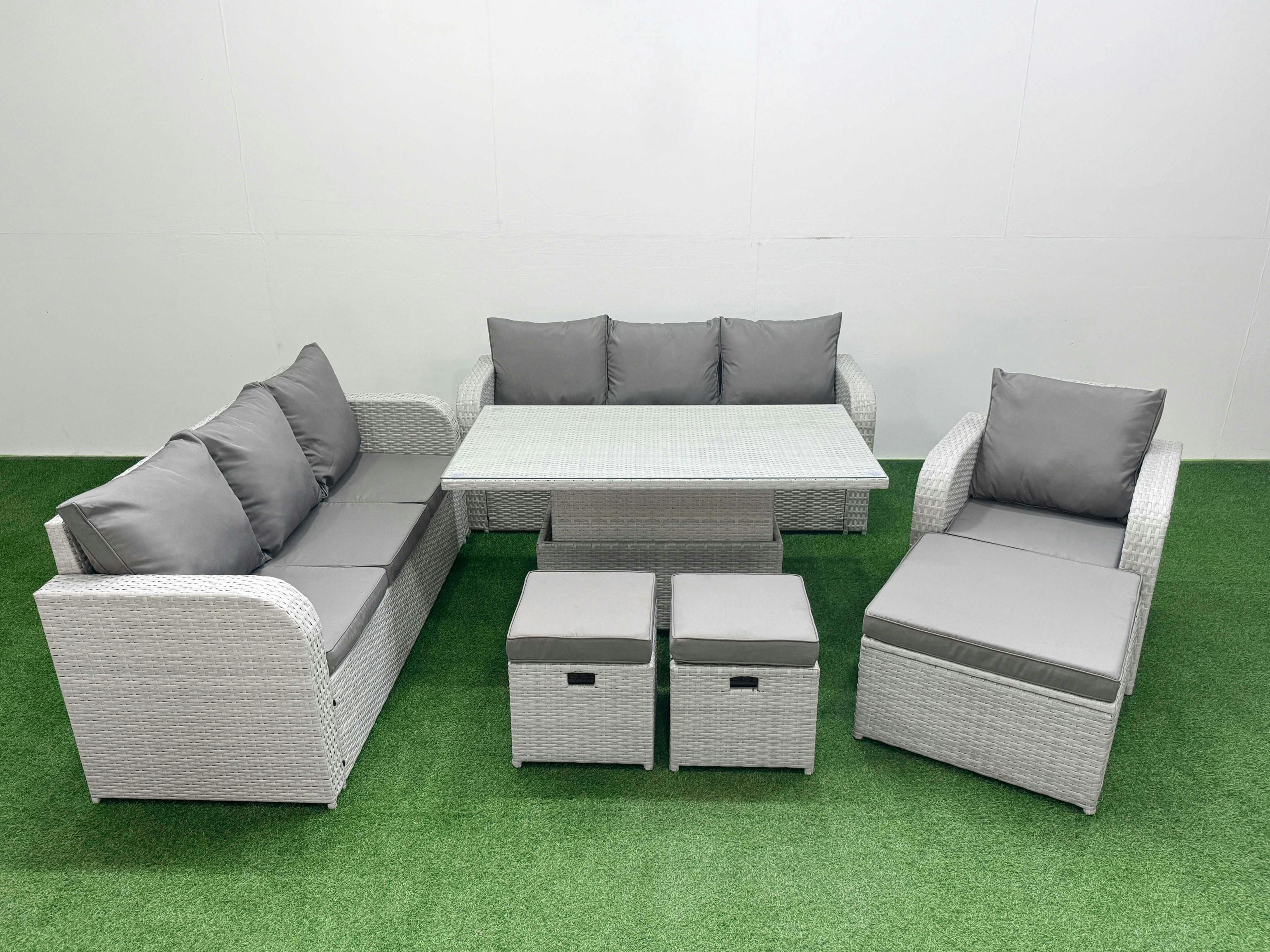 Rackhams Light/Grey 10 Seater Poly Rattan Garden Furniture Patio Set, Adj Height Table, 3 Seater Sofa, Reclining Chair, 3 Seater Sofa, 3 Stools,