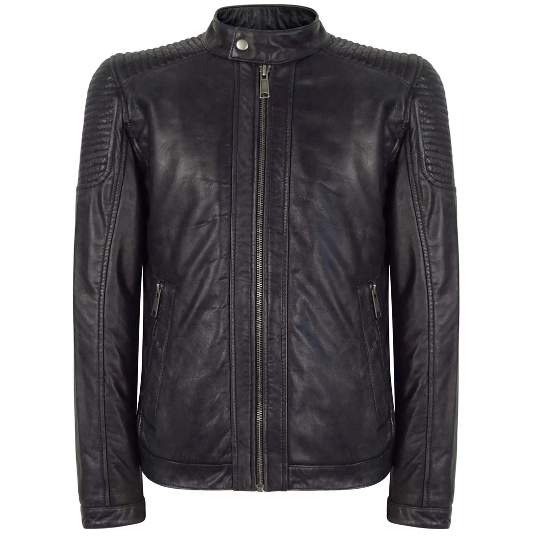 Infinity Leather Men's Leather Company Navy Washed Leather Jacket Nehru Grandad Collar Biker - 2XL