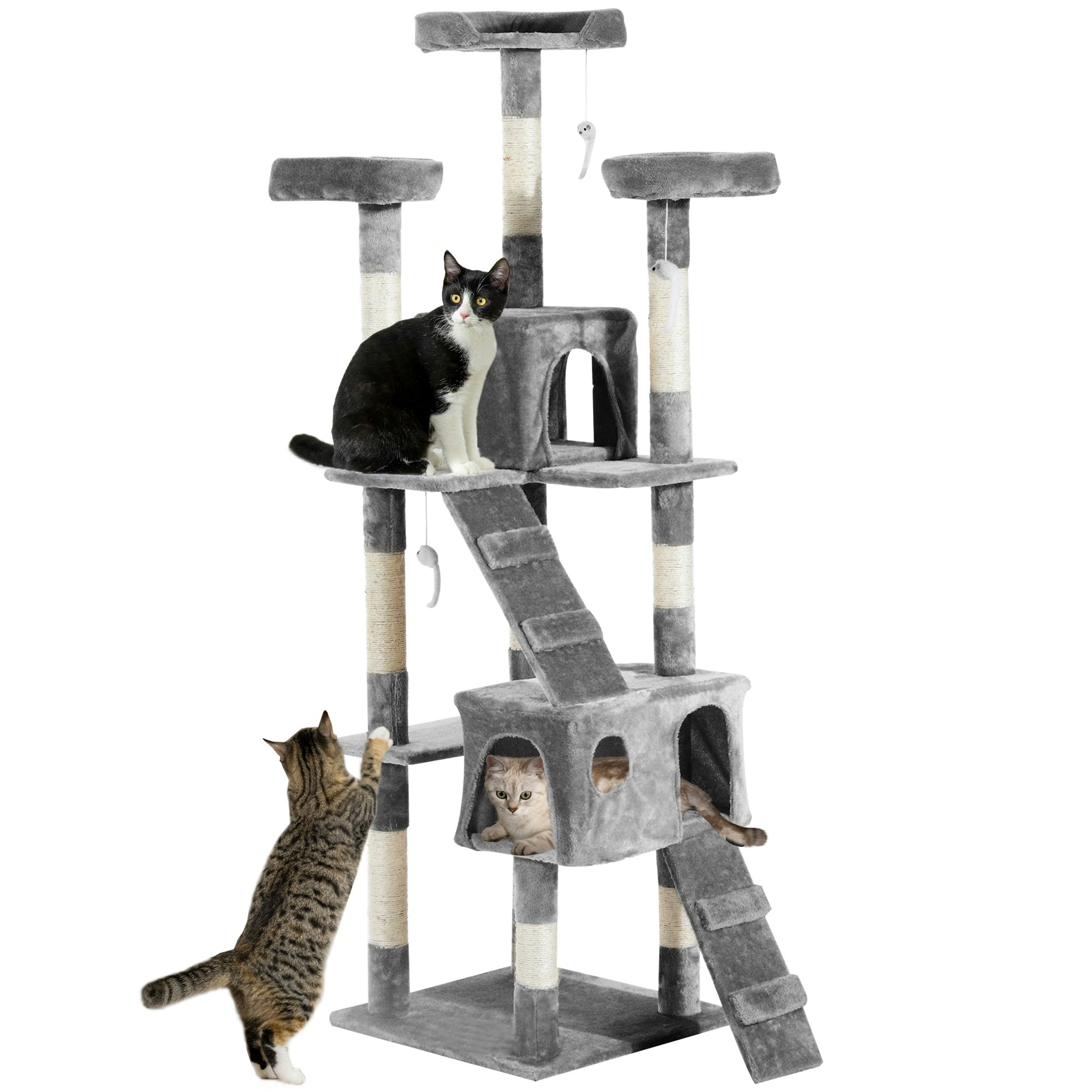 Pawhut Grey Cat Tree Scratcher Activity Centre, Condo Scratching Post Toy Bed - Particle Board, Plush Cloth - Size 1