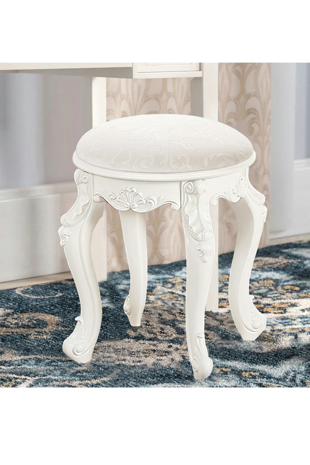 Rackhams Beige Elegant Round Upholstered Dressing Makeup Stool For Vanity