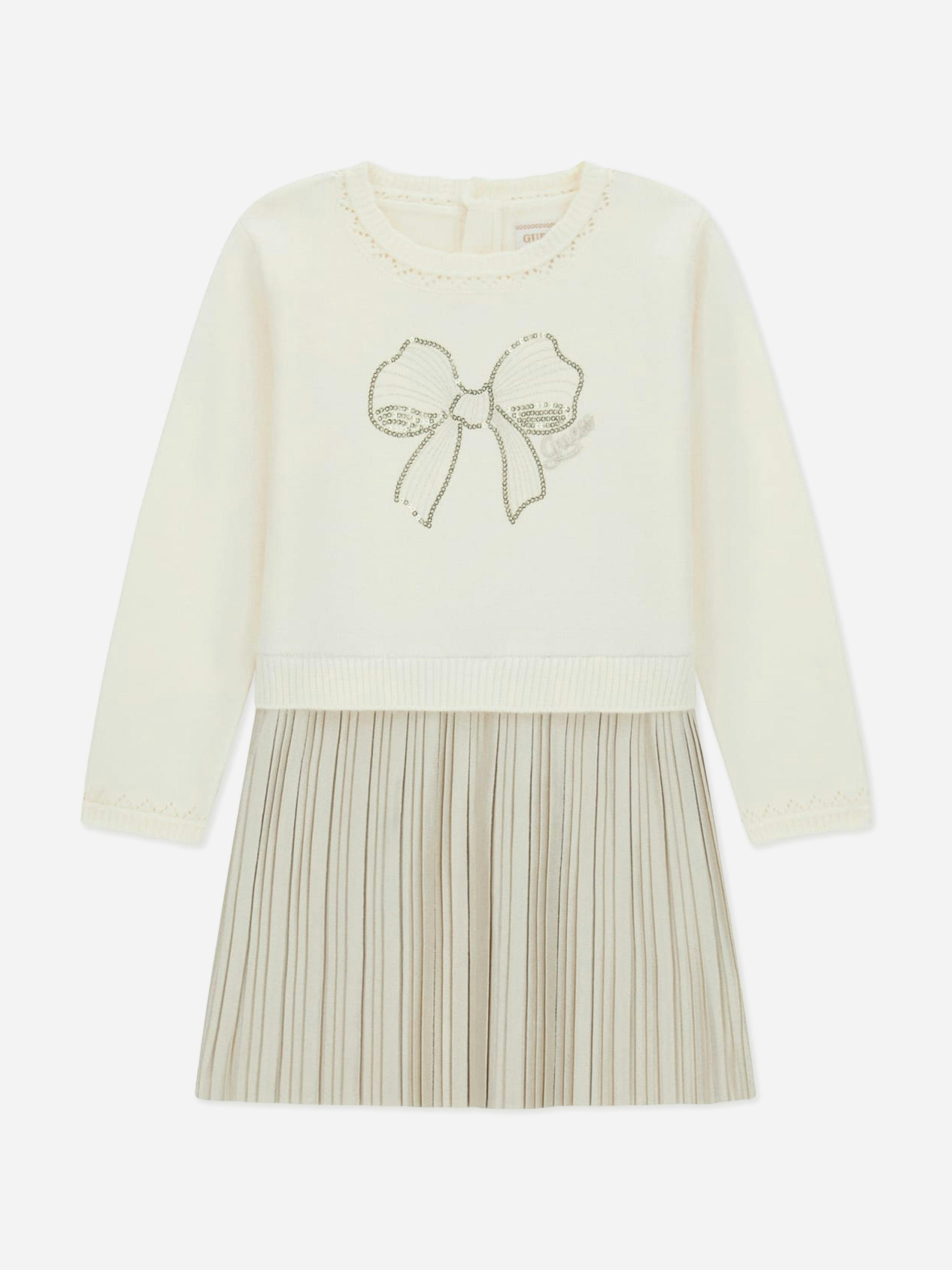 Guess Girls Ivory Mixed Fabric Dress In - 7 Yrs