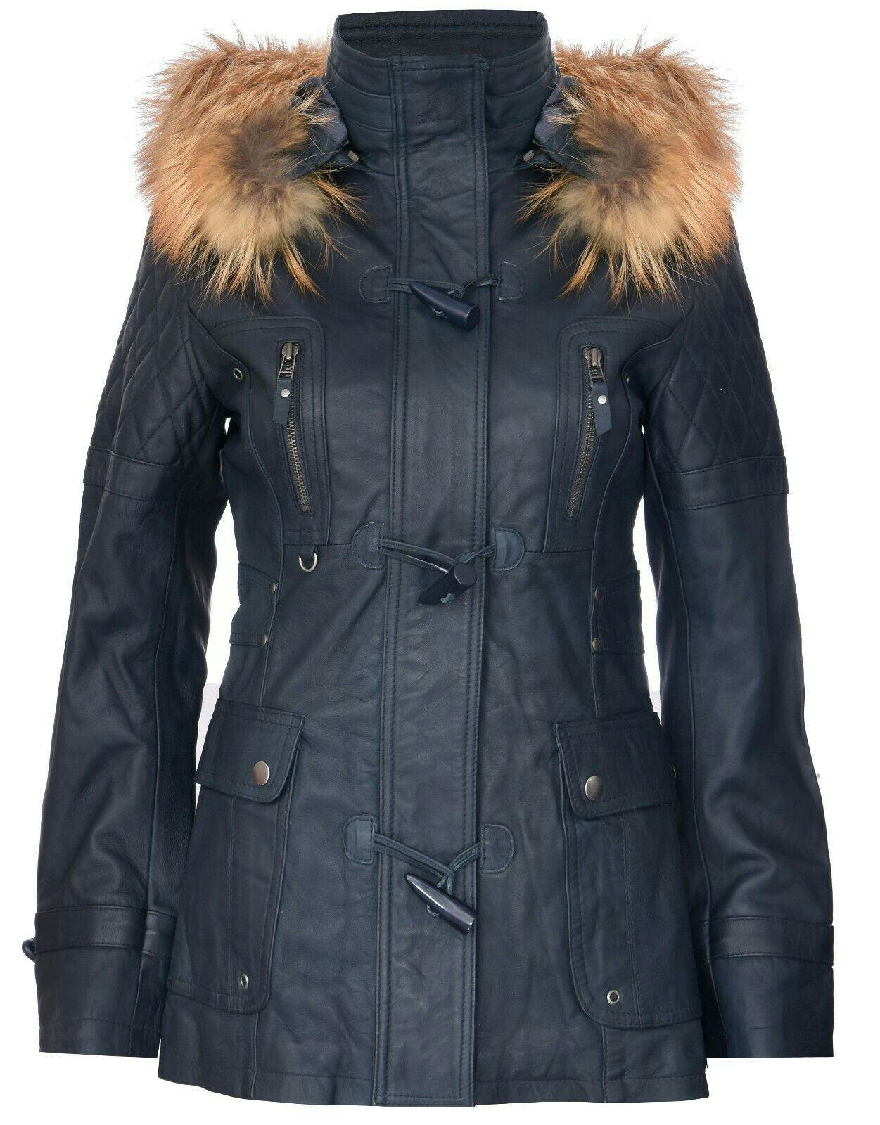 Infinity Leather Women's Quilted Leather Hooded Parka Jacket-Northampton - Navy - Uk 2XL/18 | Eu 44 | Us 14
