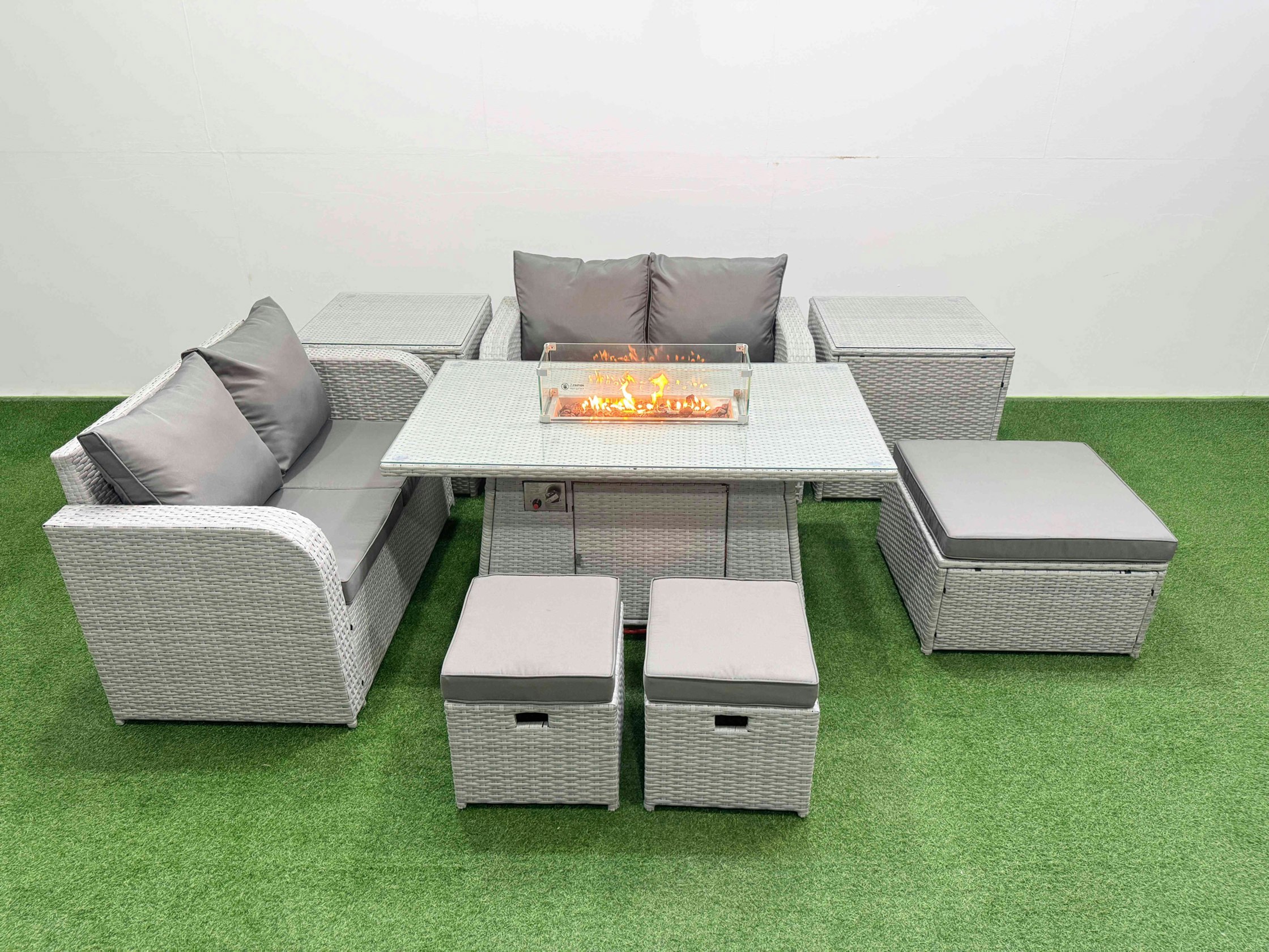 Fimous Light/Grey 7 Seater Outdoor Love Sofa Set Rattan Garden Furniture Set With Fire Pit Dining Table 3 Footstool 2 Side Tables