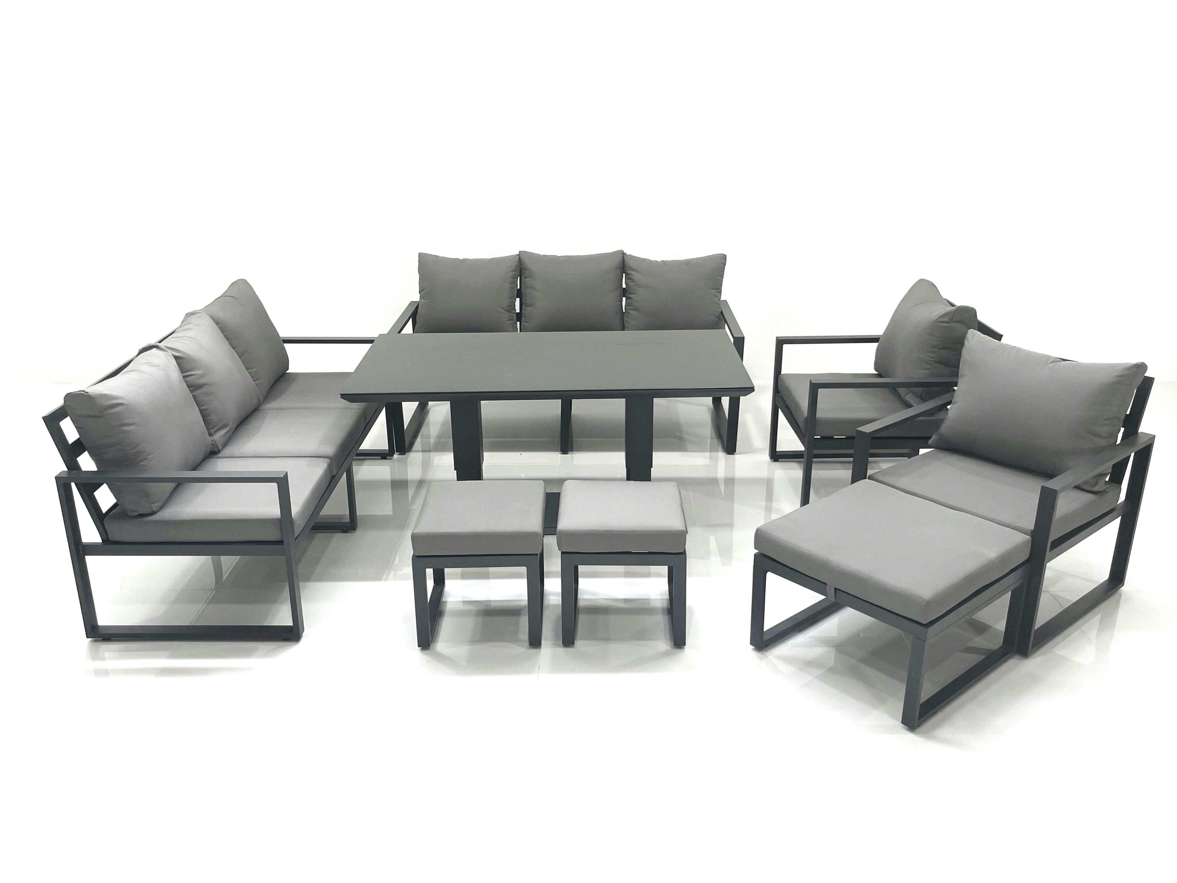Rackhams Dark/Grey Garden Sofa Set Aluminium Furniture Rising Dining Tabe Set With 2 Chair 3 Footstools