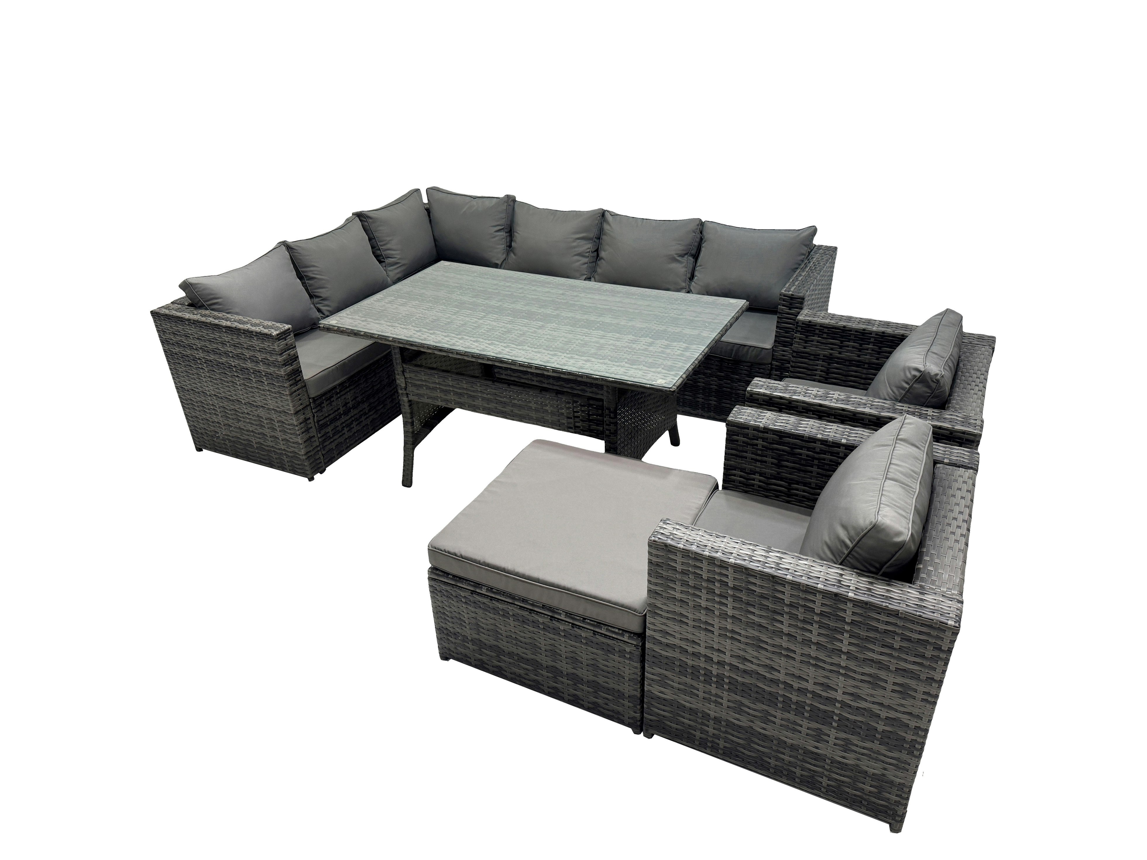 Rackhams Dark/Grey Outdoor Pe Rattan Sofa Set With Dining Table Patio Garden Furniture Sets With 2 Chairs Big Stool Mixed