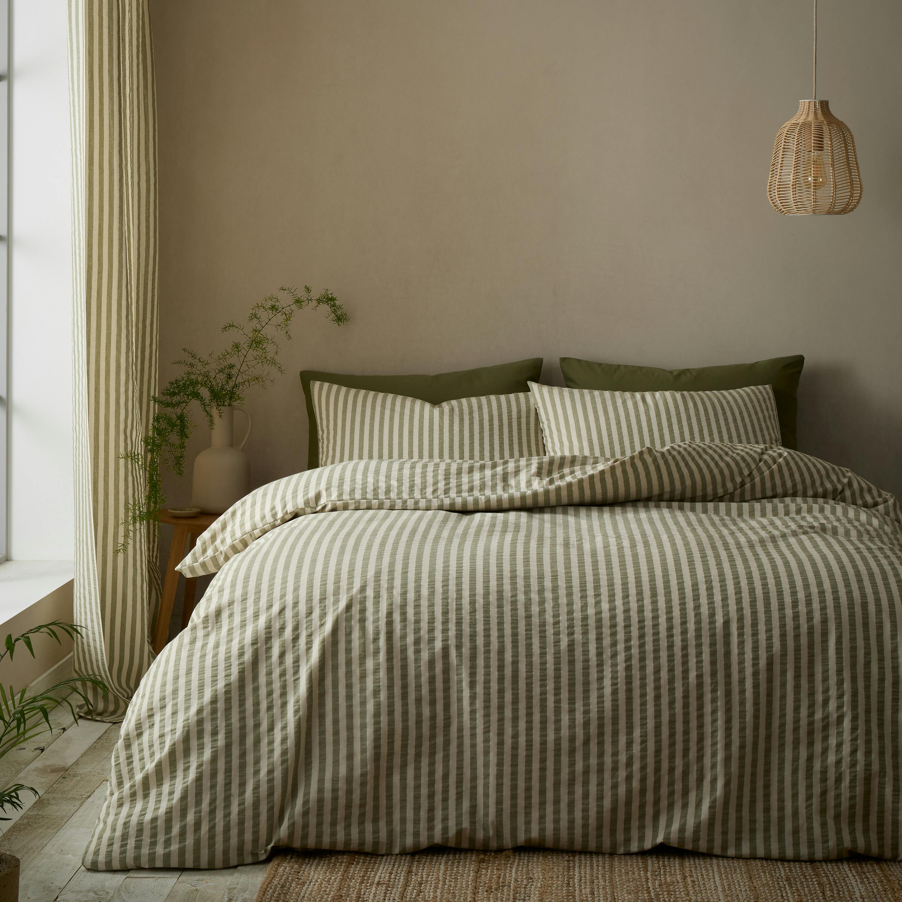 Photos - Bed Linen Rackhams Cotton Rich Woven Stripe Duvet Cover Set Green - Double - Green