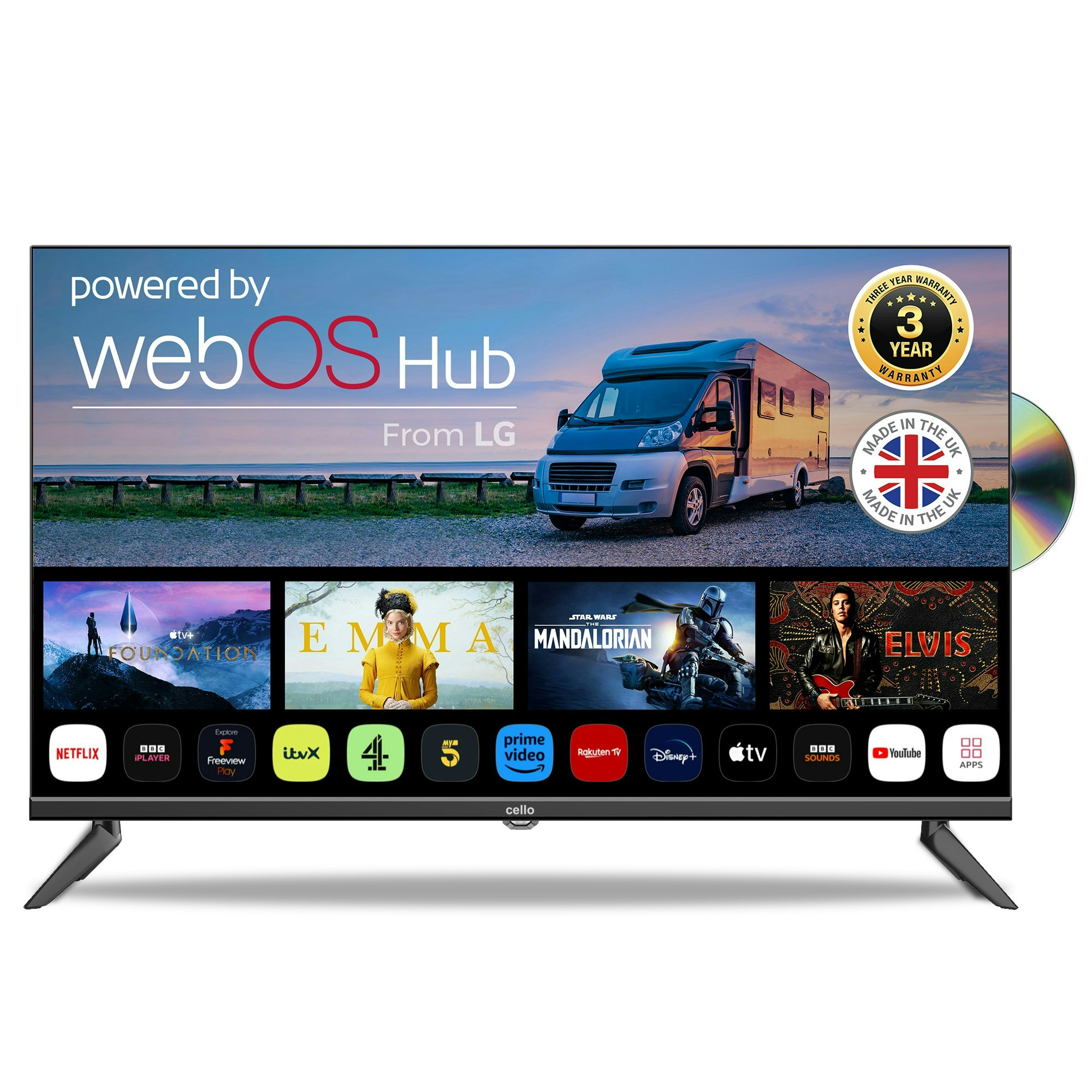 Cello C3224wsf Trav32" Smart Frameless Tv, Ultra Fast Webos, Freeview Play, Built In Dvd Player, Freesat ,Bluetooth