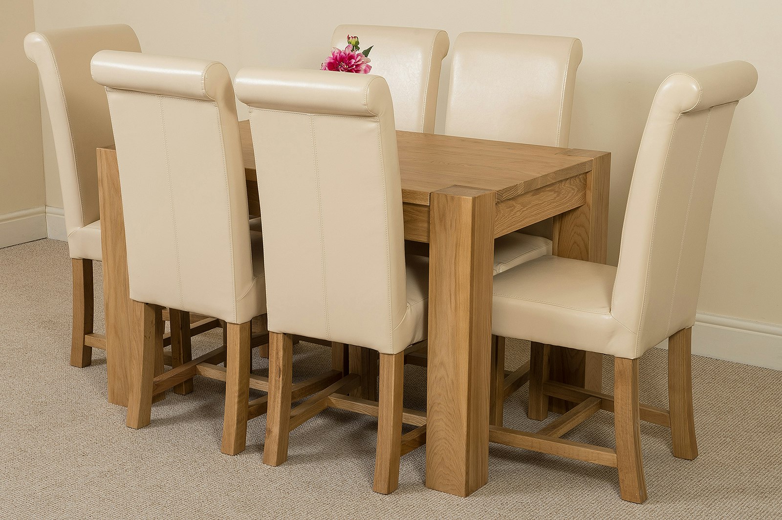 That's Furniture Ivory Kuba Oak Dining Table With Washington Leather Chairs - 6 Chairs Small