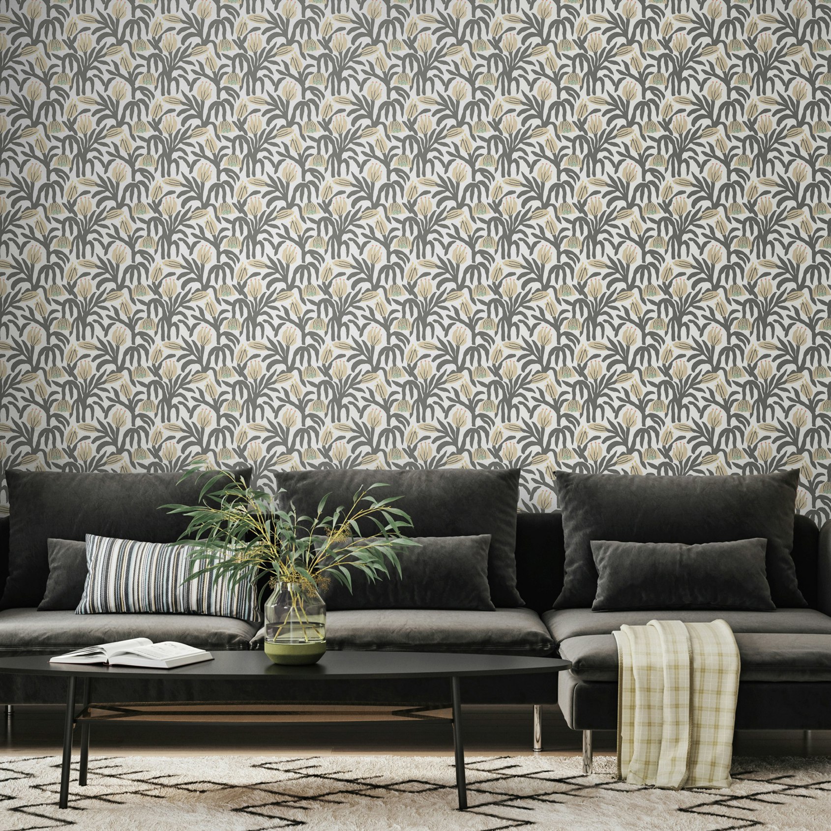 Rackhams Chunky Flower - Charcoal 10M Wallpaper